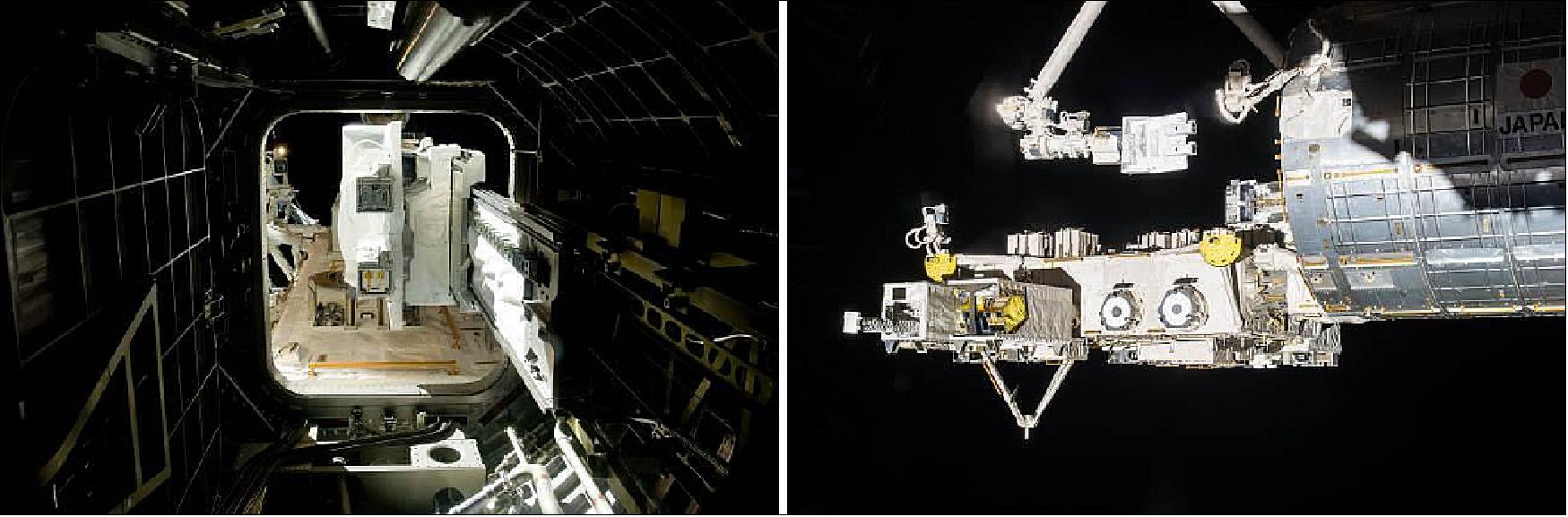 Figure 27: Operation for the Satellite Deployment. Left: Extend the slide table into outer space; Right:Maneuver the MPEP to the appropriate deployment position (image credit JAXA/NASA)