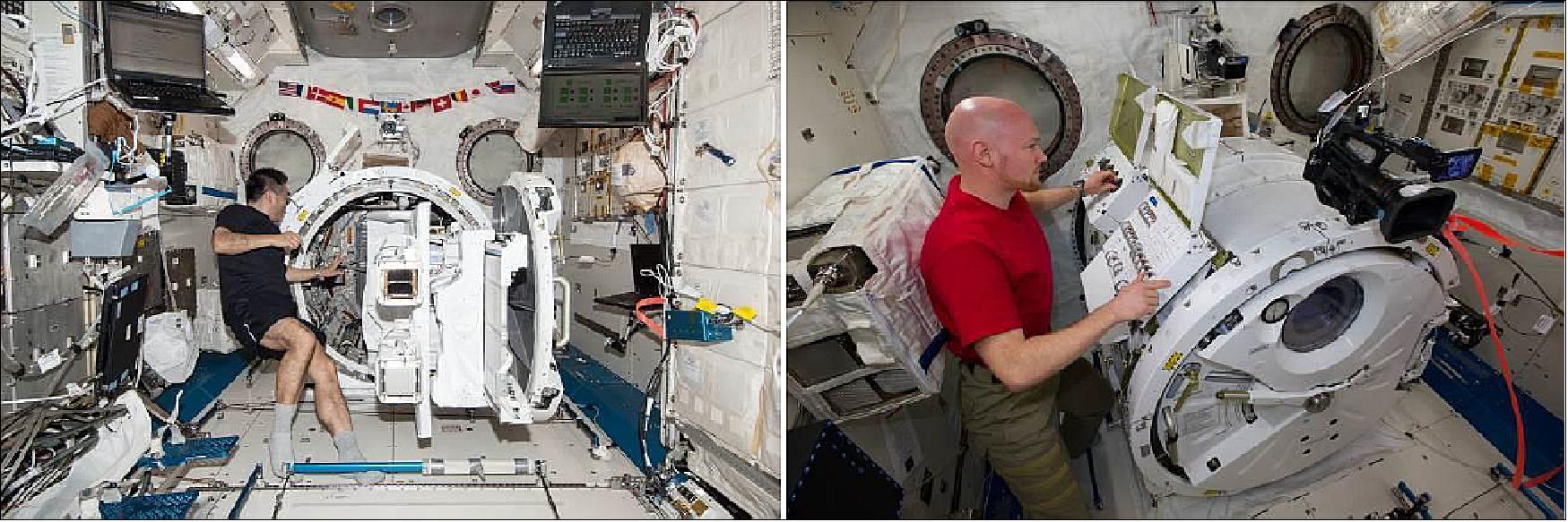 Figure 26: J-SSOD Checkout and Setup for Deployment. Left: Checkout of the J-SSOD system by an Astronaut; Right: Airlock operation by an Astronaut (image credit JAXA/NASA).