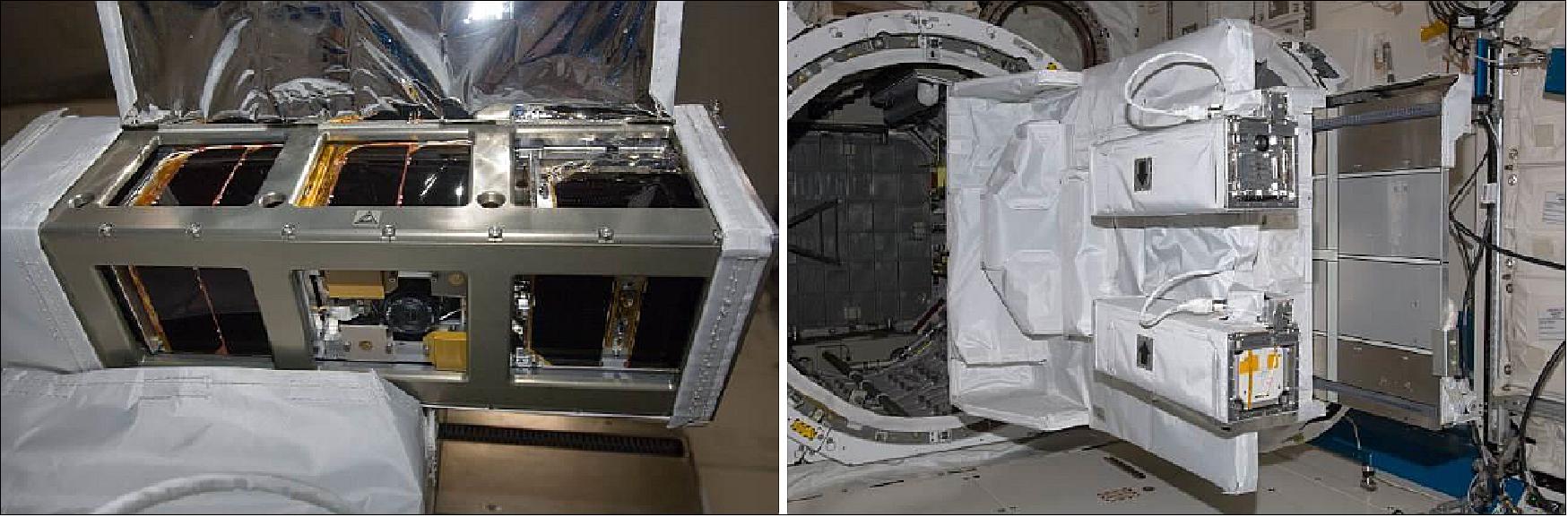 Figure 25: Installation on the Airlock slide table in JEM PM. Left: The satellite is installed in the Satellite Install Case; Right: The Satellite Install Case is installed on the MPEP (image credit JAXA/NASA)