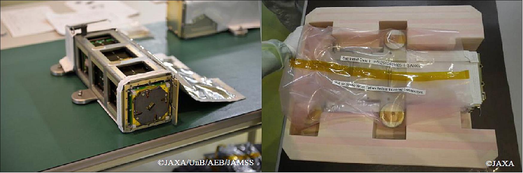 Figure 24: Preparation for launch. Left: The satellite installed in the Satellite Install Case; Right: The Satellite Install Case stowed cushion foam (image credit: JAXA)