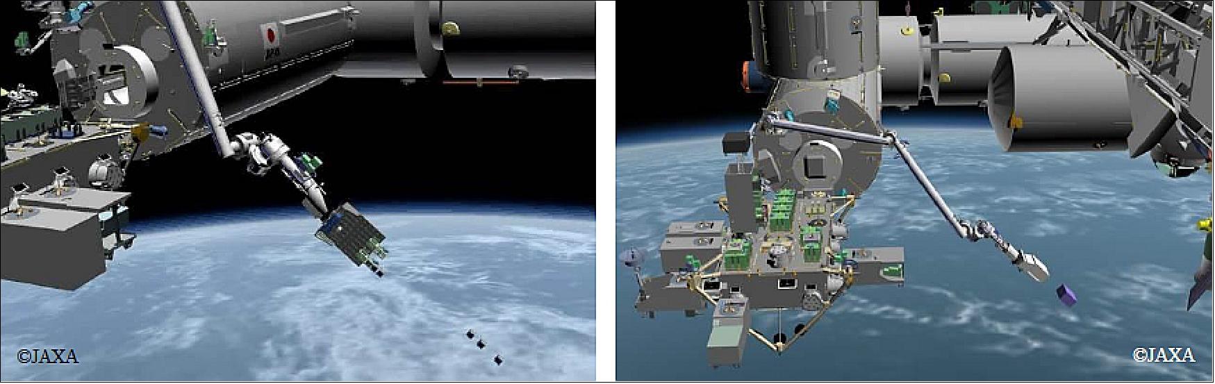 Figure 22: The deployment operation by using the J-SSOD. Left: deployment of CubeSats; Right: deployment of microsatellites (image credit: JAXA)