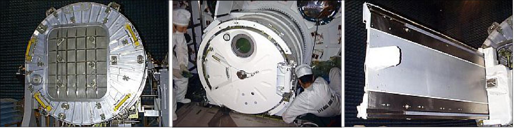 Figure 21: Photo of the Airlock system on Kibo, outer hatch (left), inner hatch (center) and slide table (right, image credit: JAXA