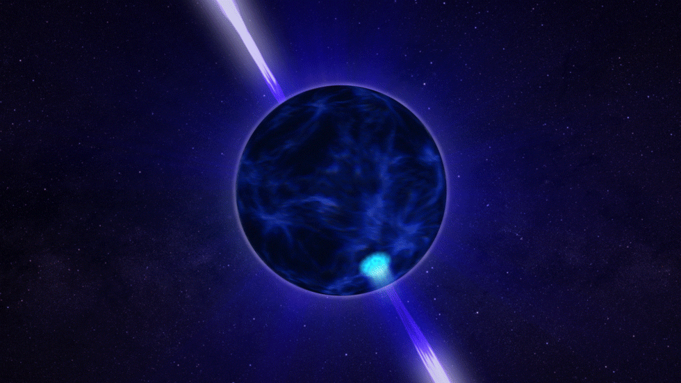 Figure 2: Most known neutron stars are observed as pulsars, emitting narrow, sweeping beams of radiation. They squeeze up to two solar masses into a city-size volume, crushing matter to the highest possible stable densities. To explore these exotic states of matter, NICER measures X-ray emissions across the surfaces of neutron stars as they spin, ultimately confronting the predictions of nuclear physics theory (image credit: NASA/GSFC)