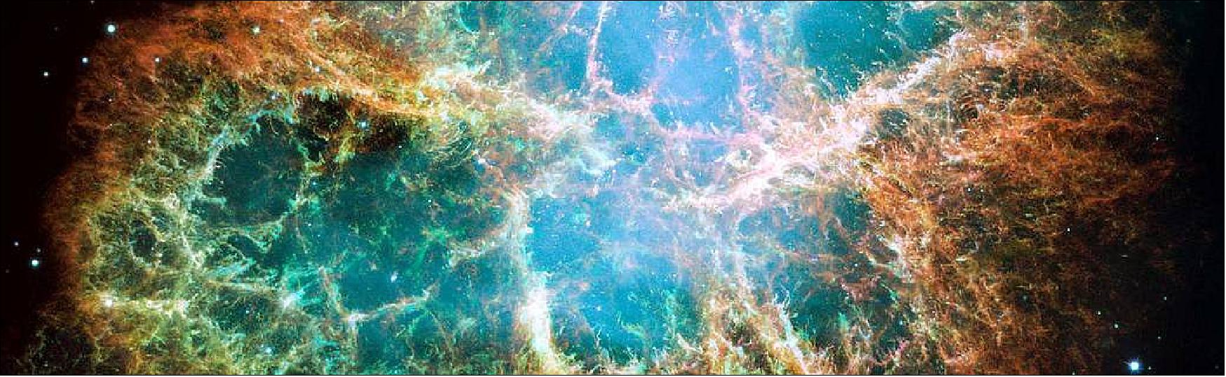 Figure 17: The Crab Nebula, the six-light-year-wide expanding cloud of debris from a supernova explosion, hosts a neutron star spinning 30 times a second that is among the brightest pulsars in the sky at X-ray and radio wavelengths. This composite of Hubble Space Telescope images reveals different gases expelled in the explosion: blue reveals neutral oxygen, green shows singly ionized sulfur, and red indicates doubly ionized oxygen [image credits: NASA, ESA, J. Hester and A. Loll (Arizona State University)]