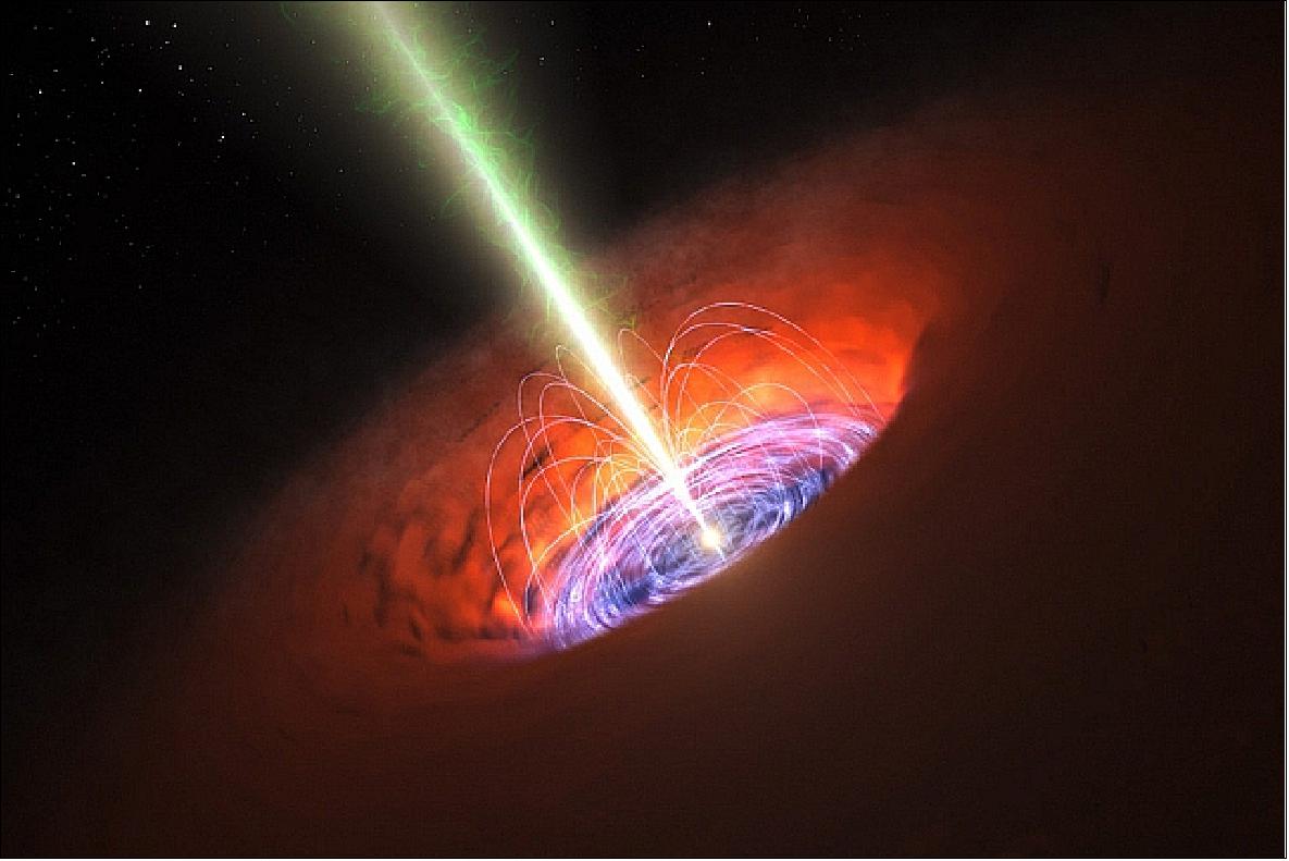 Figure 26: Artist's impression of an inner accretion flow and a jet from a supermassive black hole when it is actively feeding, for example, from a star that it recently tore apart (image credit: ESO/L. Calçada)