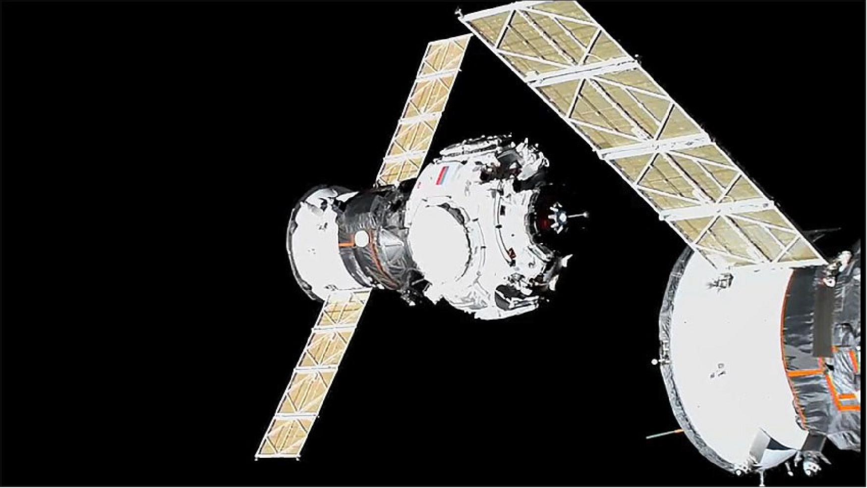 Figure 9: Russia’s new Prichal docking module arrives at the station providing additional docking ports and fuel transfer capabilities (image credit: NASA TV)