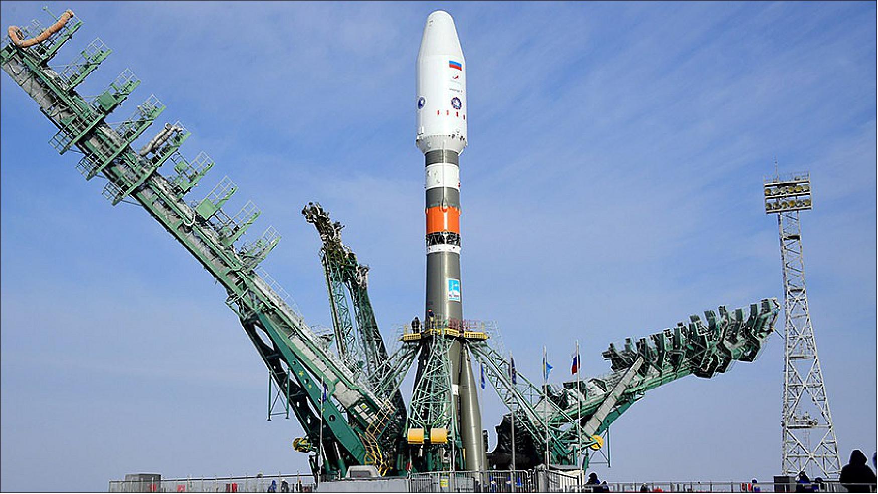 Figure 6: The Russian rocket with the Prichal docking module atop stands vertical at the Baikonur Cosmodrome launch pad in Kazakhstan (image credit: Roscosmos)