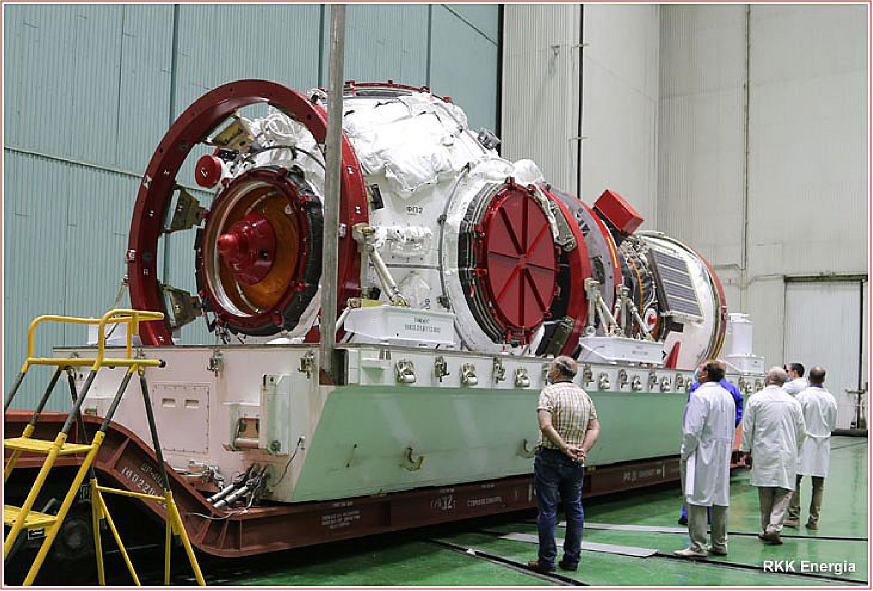 Figure 3: Prichal Node Module, UM, and its Progress space tug are unloaded in Baikonur on August 11, 2021 (image credit: RKK Energia, Anatoly Zak)