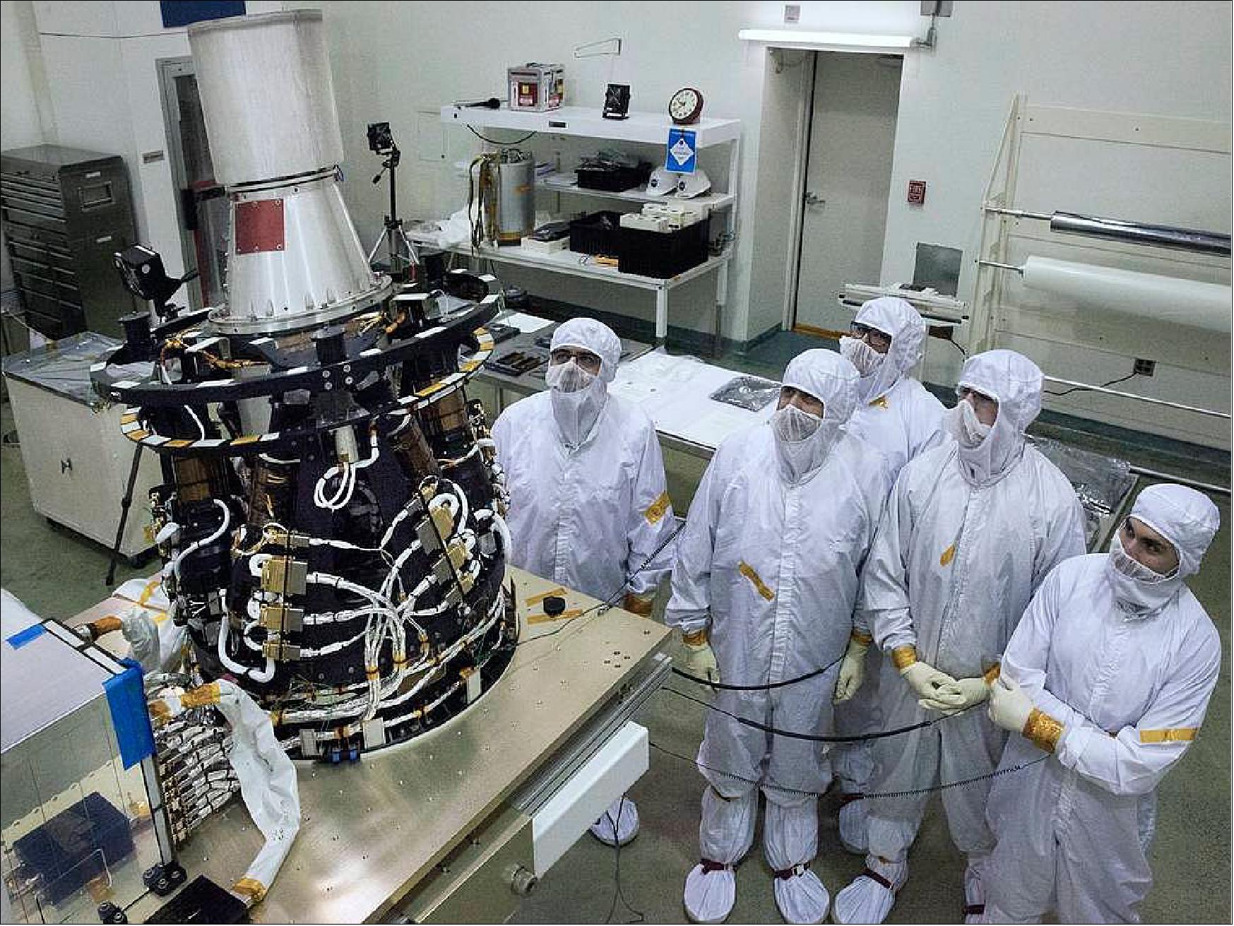 Figure 2: The SAGE-III instrument on top is shown with the Hexapod Pointing System in a clean room of NASA/LaRC (image credit: NASA, David C. Bowman)