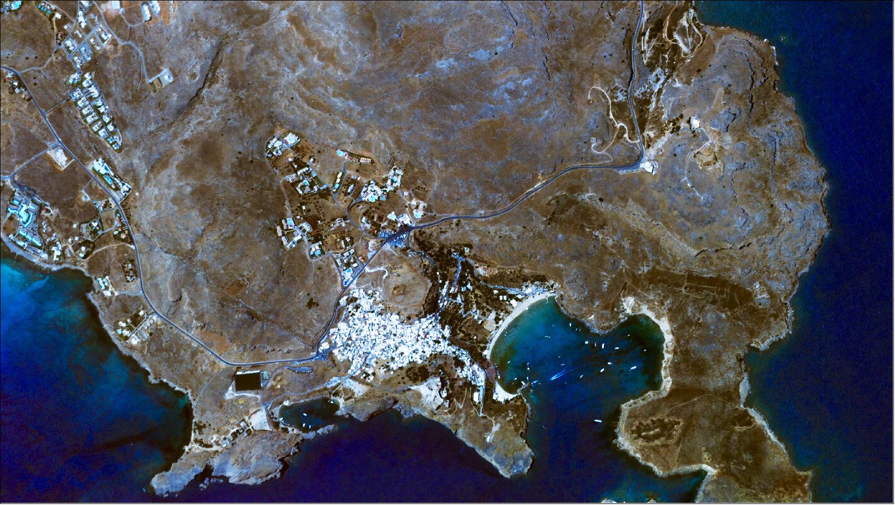 Figure 6: The Iris video shows part of the Island of Rhodos along with the Acropolis of Lindos archeological site. A waterskier can be seen in the lagoon (bottom right) being towed by a speedboat (image credit: UrtheCast)