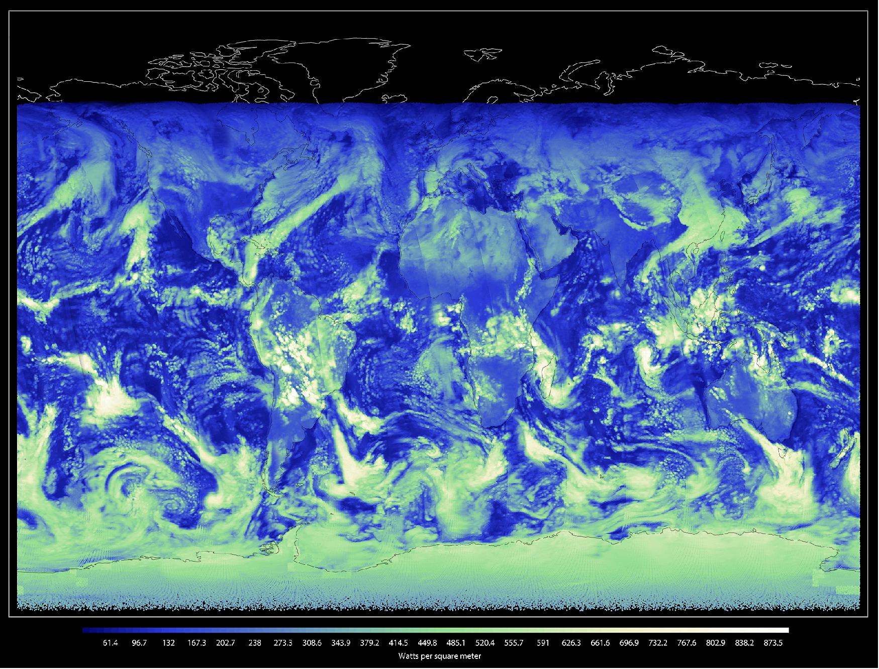 Figure 47: In this shortwave image from CERES FM6, the white and green shades represent thick cloud cover reflecting incoming solar energy back to space. Compare that with the darker blue regions, which have no cloud cover, to get a sense for just how much clouds can affect the balance of incoming and outgoing energy on Earth (image credit: NASA)