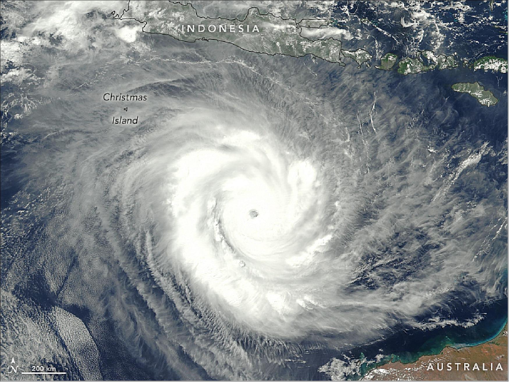 Figure 45: Natural color image of Cyclone Marcus off the northwest coast of Australia, acquired with VIIRS on JPSS-1 on 21 March 2018 (image credit: NASA image by Jeff Schmaltz, LANCE/EOSDIS Rapid Response. Story by Mike Carlowicz)