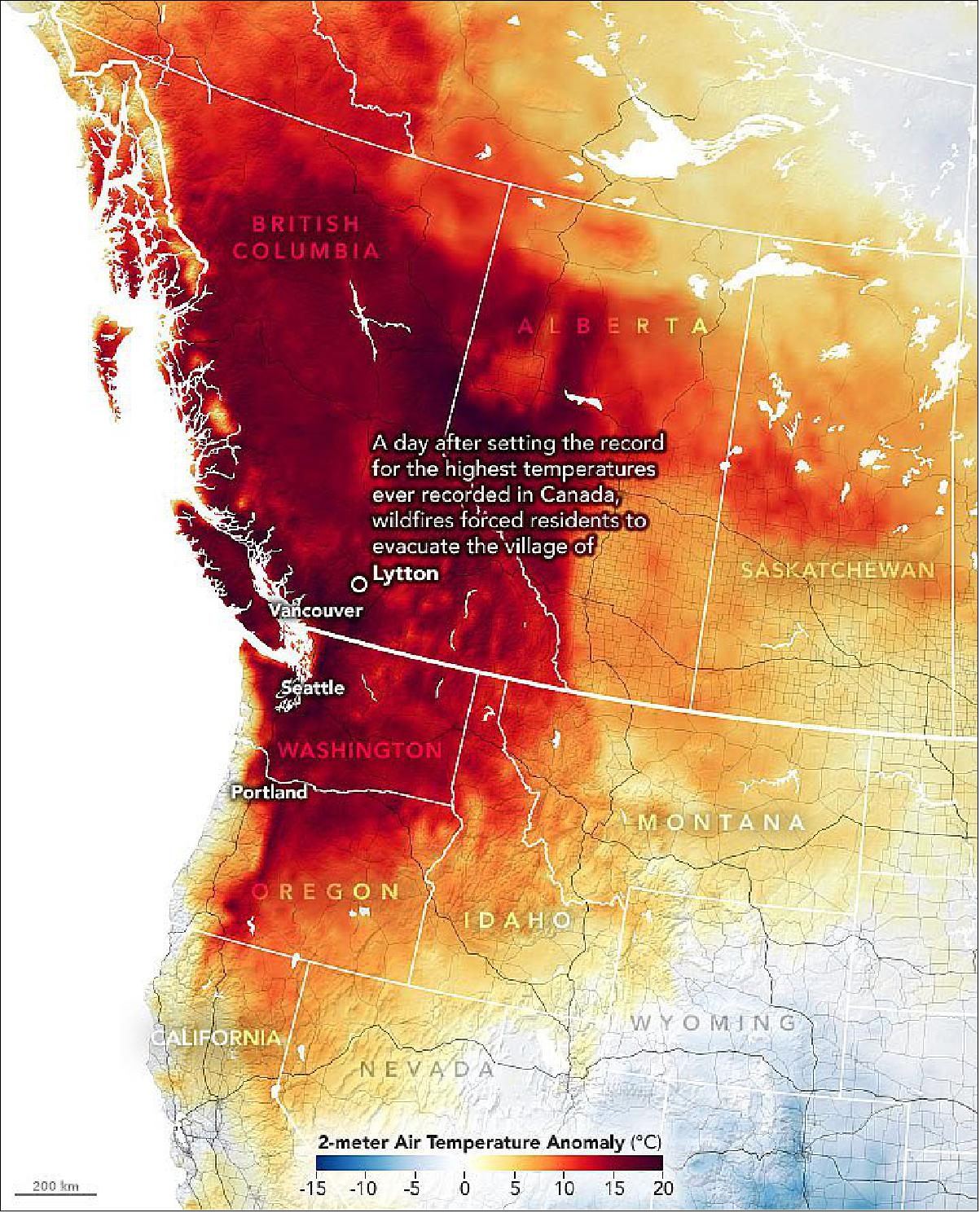 Figure 29: The map shows air temperature anomalies across the western United States and Canada on June 29, 2021. The map is derived from the Goddard Earth Observing System (GEOS) model and depicts air temperatures at 2 meters (about 6.5 feet) above the ground. The darkest red areas are where air temperatures were 36°F (20°C) higher than the 2014-2020 average for the same day (image credit: NASA Earth Observatory)