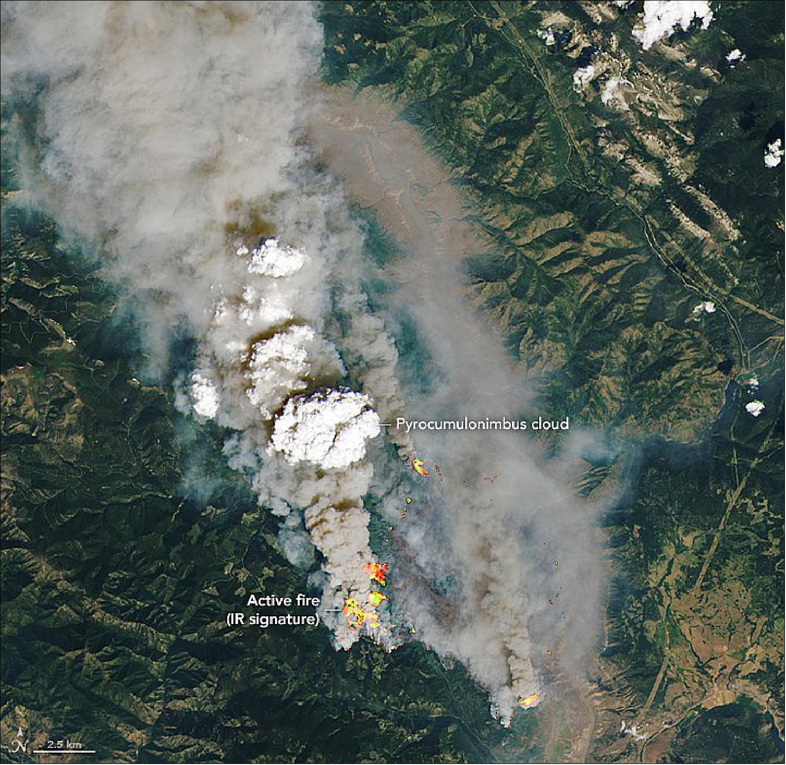 Figure 28: This image shows a detailed view of the McKay Creek fire, acquired by the Operational Land Imager (OLI) on Landsat-8 at about 12 p.m. local time (19:00 UTC) on June 30, 2021.The natural-color image was overlaid with shortwave-infrared light to highlight the active fire (image credit: NASA Earth Observatory)