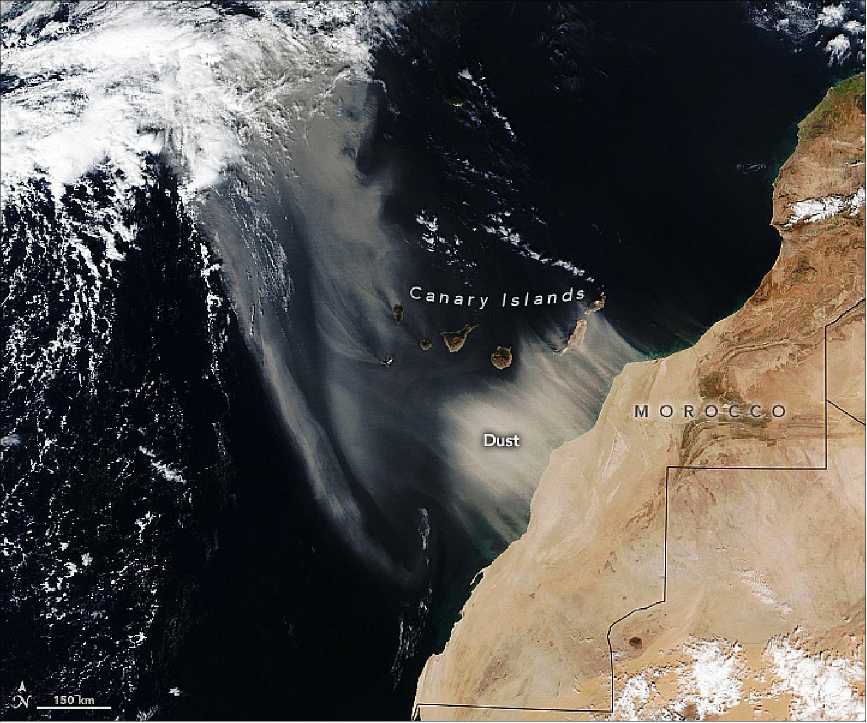 Figure 24: Over the weekend, dust continued to stream from the African coast. The second image, acquired with VIIRS on the Suomi NPP satellite, shows dust engulfing the archipelago’s westernmost islands by January 15. Notice the plume of dust billowing beyond La Palma to the north-northwest. Forecasts suggest the dust will keep moving north this week toward Ireland, Scotland, and Iceland (image credit: NASA Earth Observatory)