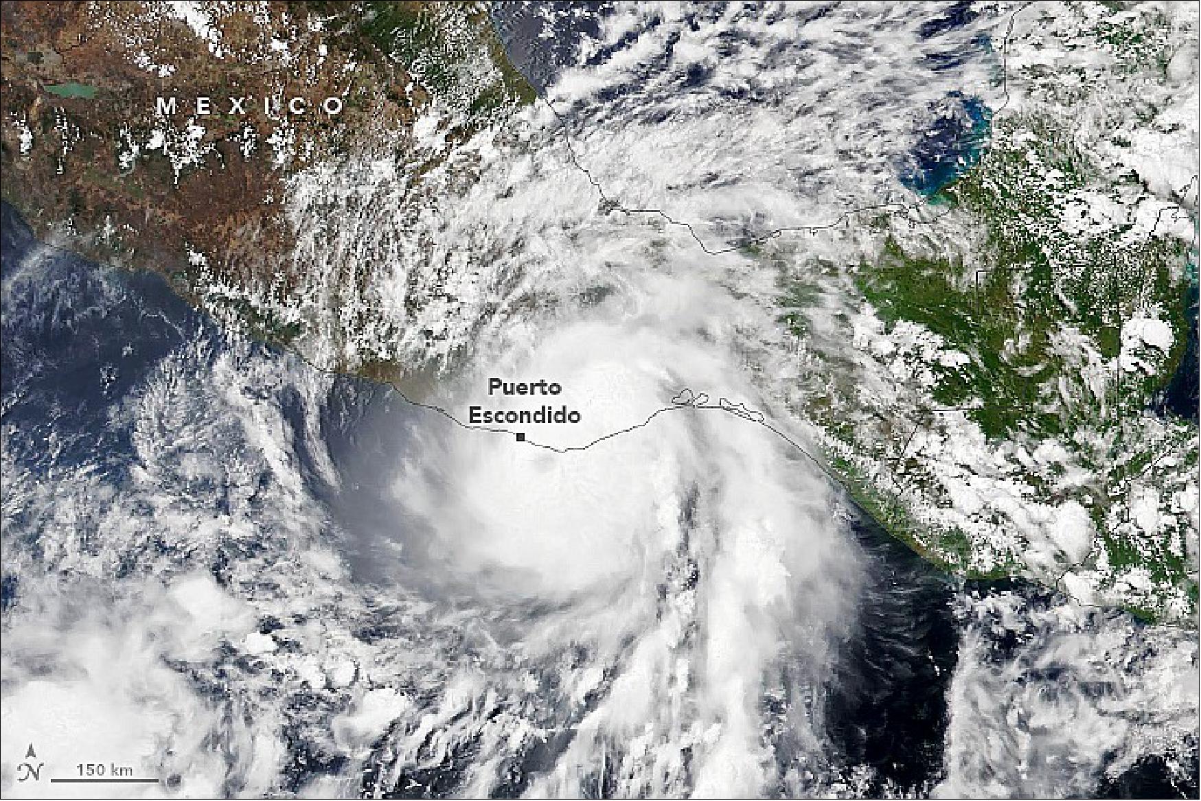 Figure 22: The Visible Infrared Imaging Radiometer Suite (VIIRS) on the NOAA-20 satellite acquired this natural-color image of the storm at 1:35 p.m. local time (19:35 Universal Time) on May 30, 2022, a few hours before the storm made landfall. Agatha brought intense downpours and howling winds to several tourist beaches and fishing towns in an otherwise sparsely populated region before weakening rapidly as it moved northward over the mountainous terrain of southern Mexico (image credit: NASA Earth Observatory image by Lauren Dauphin, using VIIRS data from NASA EOSDIS LANCE, GIBS/Worldview, and the Joint Polar Satellite System (JPSS). Caption by Adam Voiland)