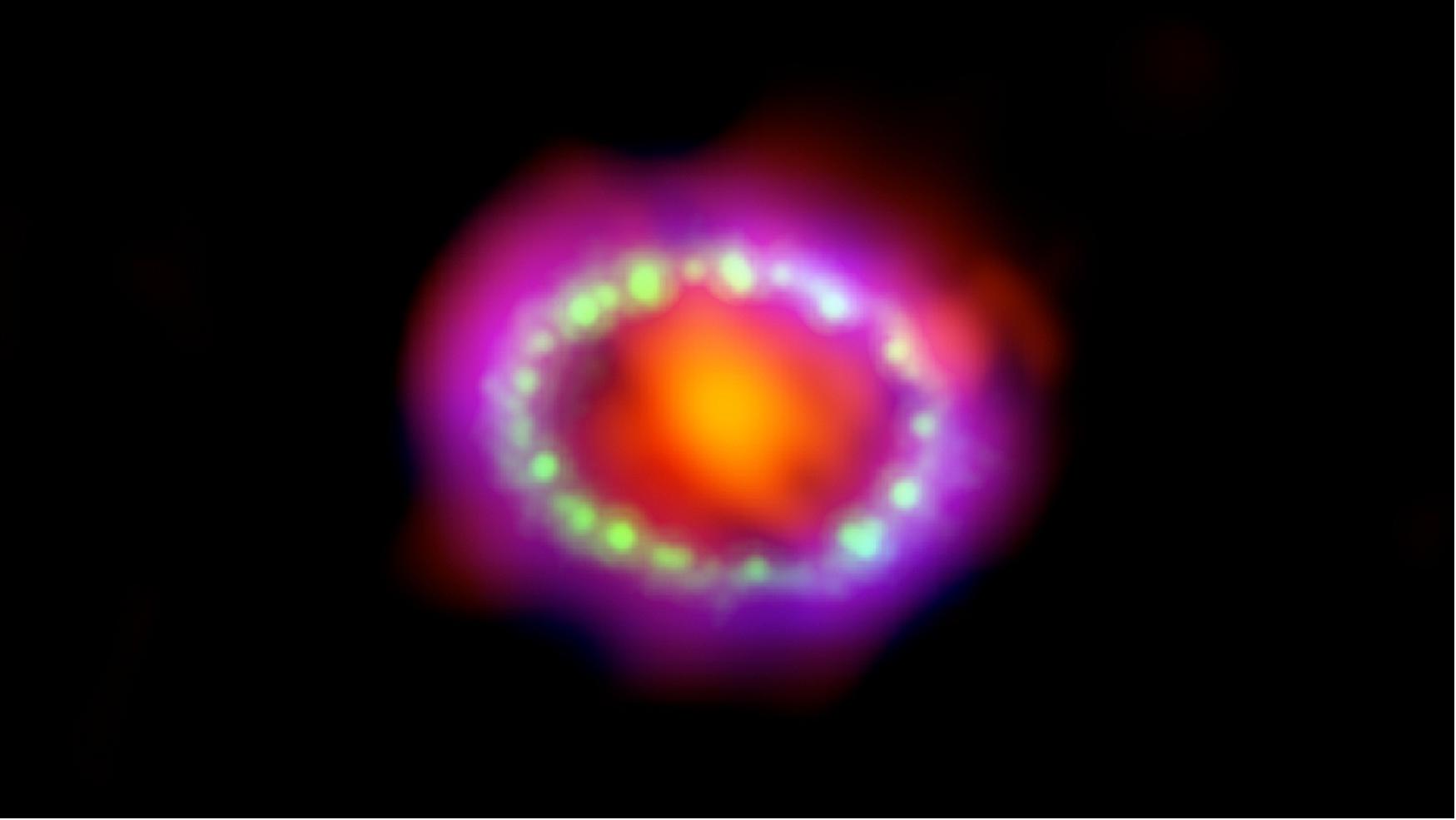 Figure 28: Multiwavelength view of Supernova 1987A. Astronomers combined observations from three different observatories ALMA (Atacama Large Millimeter/submillimeter Array), red; Hubble, green; Chandra X-ray Observatory, blue) to produce this colorful, multiwavelength image of the intricate remains of Supernova 1987A [image credit: NASA, ESA, A. Angelich (NRAO/AUI/NSF); Hubble credit: NASA, ESA, R. Kirshner; Chandra credit: NASA/CXC/Penn State/K. Frank et al.; ALMA credit: ALMA (ESO/NAOJ/NRAO) and R. Indebetouw (NRAO/AUI/NSF)]