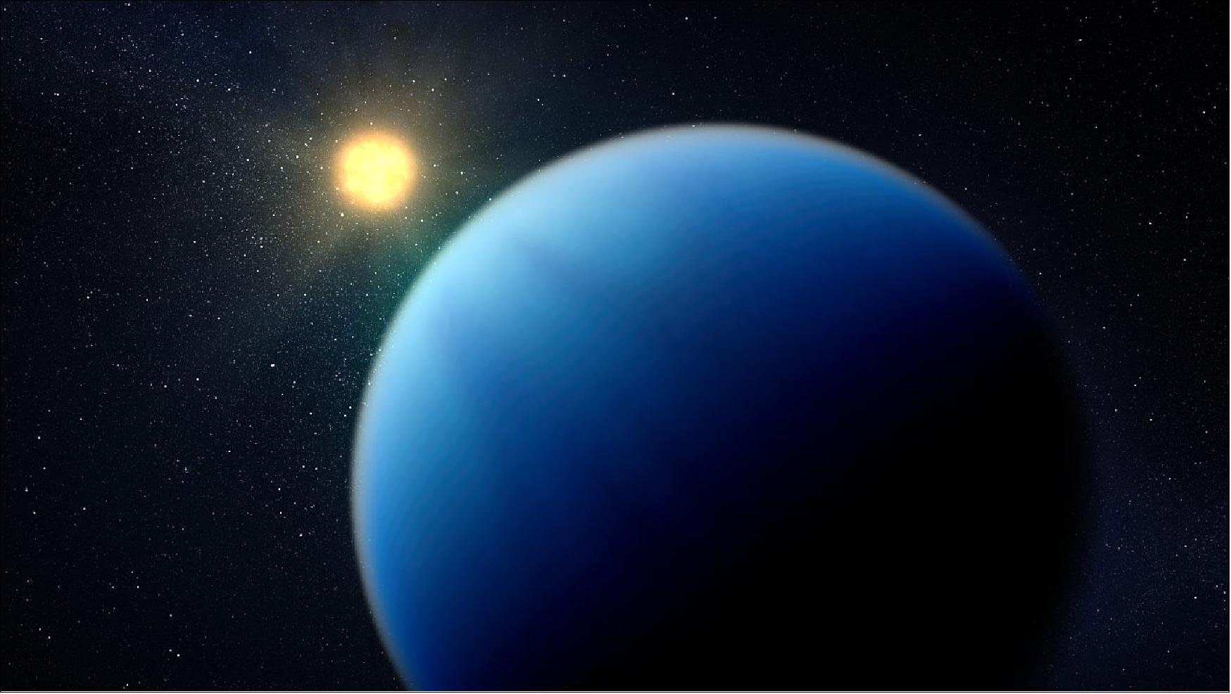 Figure 8: Illustration of what exoplanet TOI-421 b might look like. TOI-421 b is a hot sub-Neptune-sized exoplanet orbiting a Sun-like star roughly 244 light-years from Earth. TOI-421 b is thought to have a clear atmosphere free of haze and clouds. This illustration is based on our knowledge of the planet and its host star, and predictions about the likely properties of the planet’s atmosphere. Spectroscopic data from Webb will help us better understand the composition of the planet’s atmosphere. - TOI-421 b is in between Earth and Neptune in terms of size (radius 2.68 times Earth), mass (7.2 times Earth), and density (2 times water). It orbits its star at a distance of only 0.056 astronomical unit (5.6% of the distance between Earth and the Sun), completing one orbit in 5.2 Earth-days. The star, TOI-421, has a radius 0.87 times that of the Sun, a mass 0.85 times the Sun, and a temperature of 5325 kelvins (~5050º Celsius), slightly cooler than the Sun [image credits: NASA, ESA, CSA, Dani Player (STScI)]