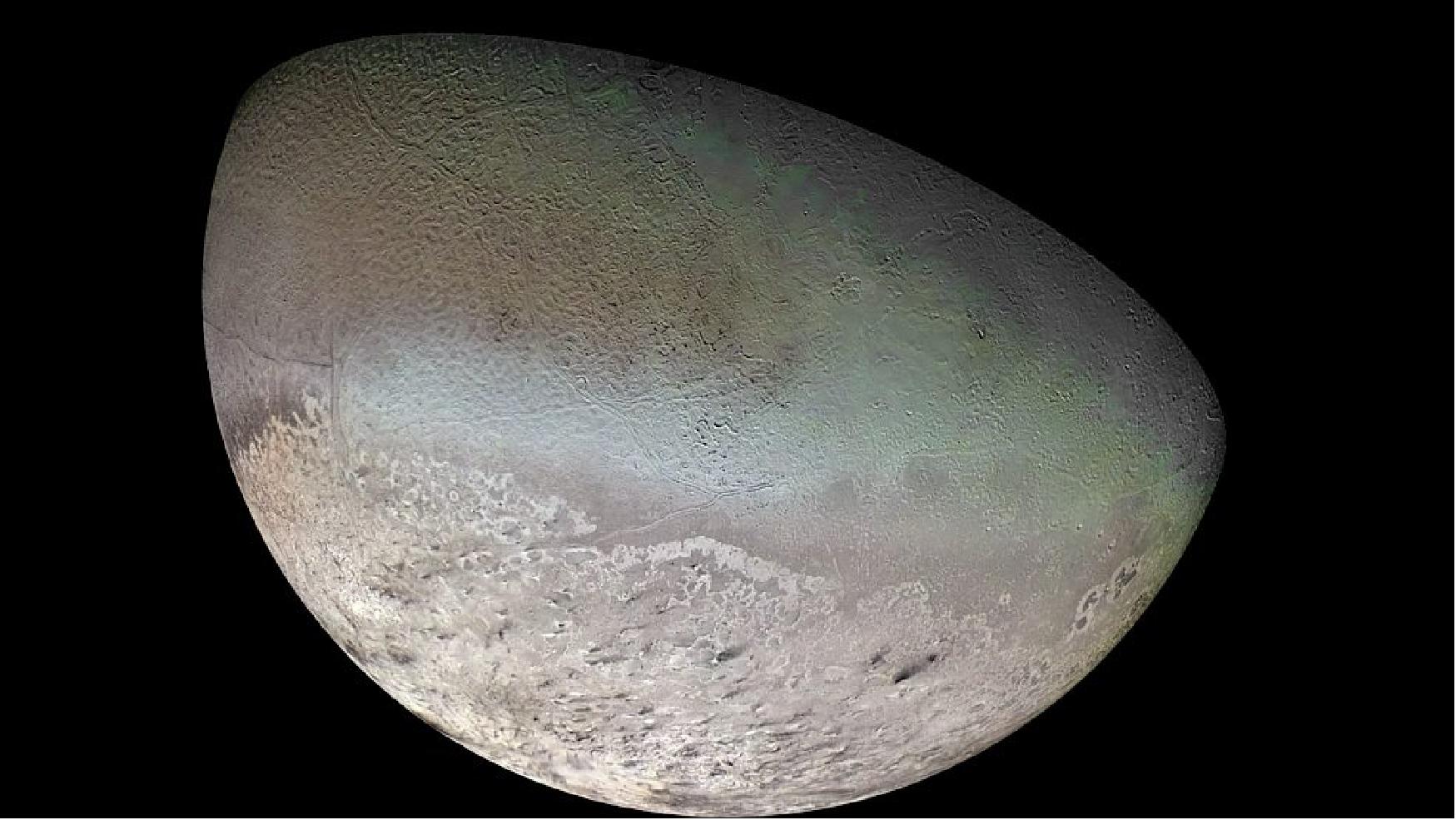 Figure 24: This global color mosaic of Neptune's moon Triton, likely a captured KBO, was taken in 1989 by Voyager 2 during its flyby of the Neptune system. Triton is by far the largest satellite of Neptune (image credits: NASA/JPL/USGS)