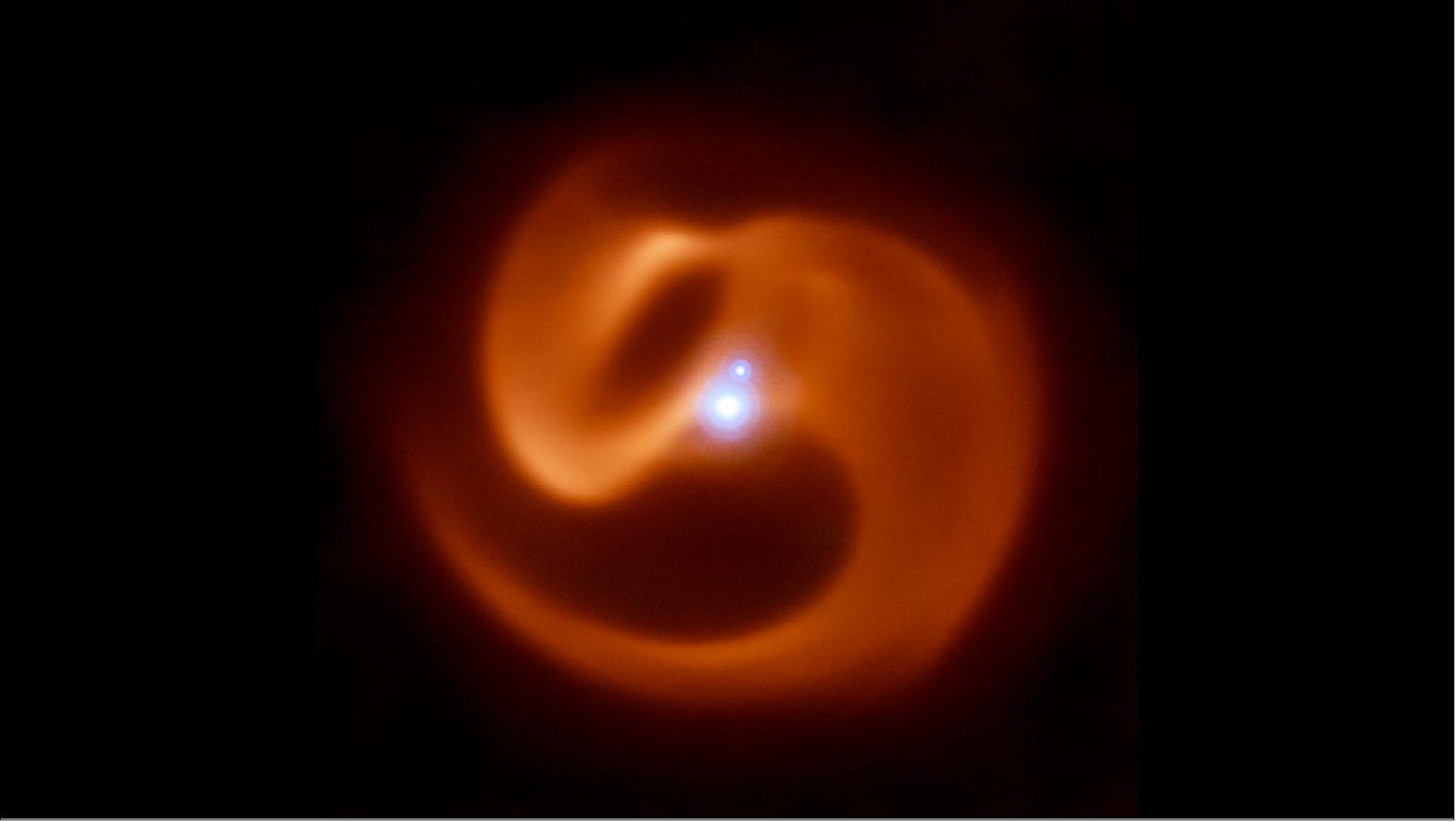 Figure 22: Evidence indicates that large amounts of cosmic dust are produced as the stellar winds of massive stars collide in Wolf-Rayet binary or multiple-star systems. As the stars orbit each other and dust is produced, a distinctive pinwheel pattern is formed, as shown in this image from the European Southern Observatory. Warm dust like this glows in the mid-infrared wavelengths of light detectable by NASA’s James Webb Space Telescope. Confirming the origin of dust will help account for the mysterious over-abundance of it found in galaxies, which is crucial to the later development of stars, planets, and life as we know it (image credit: ESO)