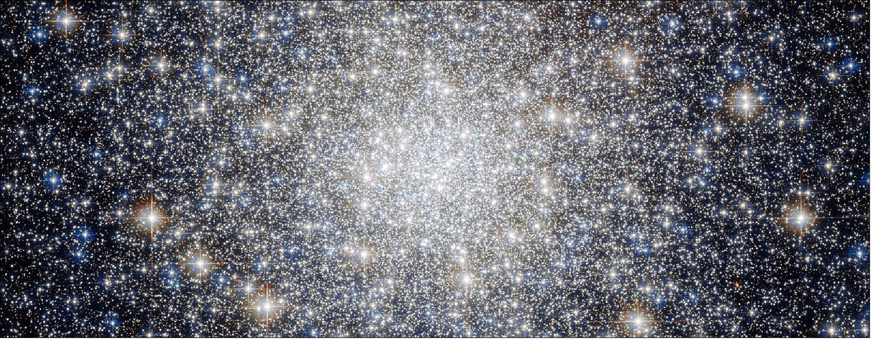 Figure 20: This image from NASA’s Hubble Space Telescope shows the heart of the globular star cluster Messier 92 (M92), one of the oldest and brightest in the Milky Way. The cluster packs roughly 330,000 stars tightly together, and they orbit the center of the galaxy en masse. NASA’s James Webb Space Telescope will observe M92, or a similar globular cluster, early in its mission to demonstrate its ability to distinguish the light of its individual stars in a densely packed environment. Webb’s high resolution and sensitivity will provide scientists a wealth of detailed star data relevant to many areas of astronomy, including the stellar lifecycle and the evolution of the universe (image credit: NASA, ESA, and Gilles Chapdelaine)