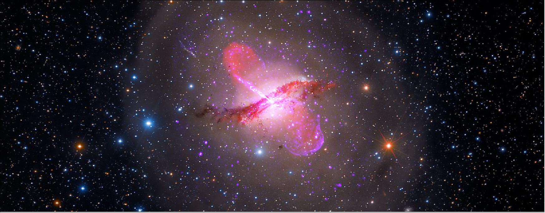 Figure 18: Centaurus A sports a warped central disk of gas and dust, which is evidence of a past collision and merger with another galaxy. It also has an active galactic nucleus that periodically emits jets. It is the fifth brightest galaxy in the sky and only about 13 million light-years away from Earth, making it an ideal target to study an active galactic nucleus – a supermassive black hole emitting jets and winds – with NASA's upcoming James Webb Space Telescope [image credit: X-ray: NASA/CXC/SAO; Optical: Rolf Olsen; Infrared: NASA /JPL-Caltech; Radio: NRAO/AUI/NSF/Univ.Hertfordshire/M.Hardcastle]