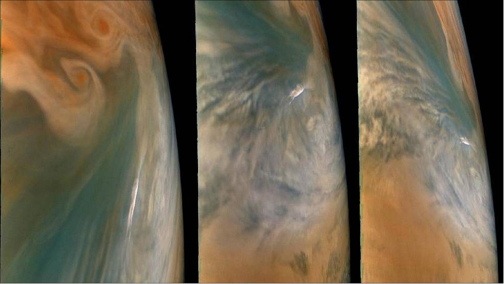 Figure 28: These images from NASA's Juno mission show three views of a Jupiter "hot spot" - a break in Jupiter's cloud deck that provides a glimpse into the planet's deep atmosphere. The pictures were taken by the JunoCam imager during the spacecraft's 29th close flyby of the giant planet on Sept. 16, 2020 (credits: Image data: NASA/JPL-Caltech/SwRI/MSSS. Image processing: Brian Swift © CC BY)
