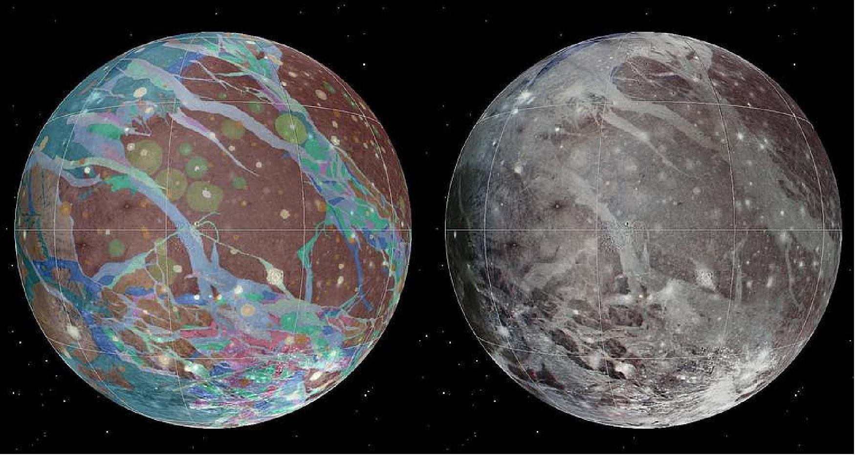 Figure 20: Left to right: The mosaic and geologic maps of Jupiter's moon Ganymede were assembled incorporating the best available imagery from NASA's Voyager 1 and 2 spacecraft and NASA's Galileo spacecraft (image credits: USGS Astrogeology Science Center/Wheaton/NASA/JPL-Caltech)