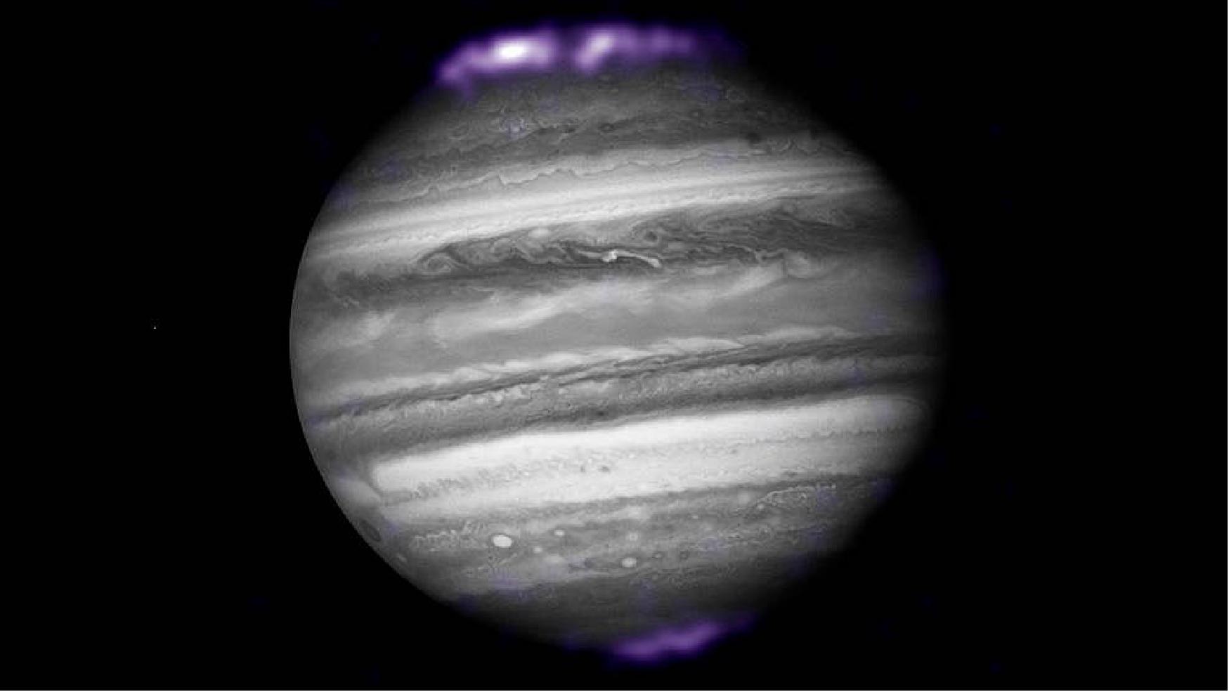 Figure 17: The purple hues in this image show X-ray emissions from Jupiter's auroras, detected by NASA's Chandra Space Telescope in 2007. They are overlaid on an image of Jupiter taken by NASA's Hubble Space Telescope. Jupiter is the only gas giant planet where scientists have detected X-ray auroras [image credits: (X-ray) NASA/CXC/SwRI/R. Gladstone et al.; (Optical) NASA/ESA/Hubble Heritage (AURA/STScI)]
