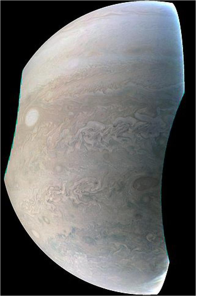 Figure 48: The image was taken on Dec. 11, 2016, at 9:27 a.m. PST (12:27 EST), as the Juno spacecraft performed its third close flyby of Jupiter. At the time the image was taken, the spacecraft was about24,600 km from the planet (image credits: NASA/JPL-Caltech/SwRI/MSSS)