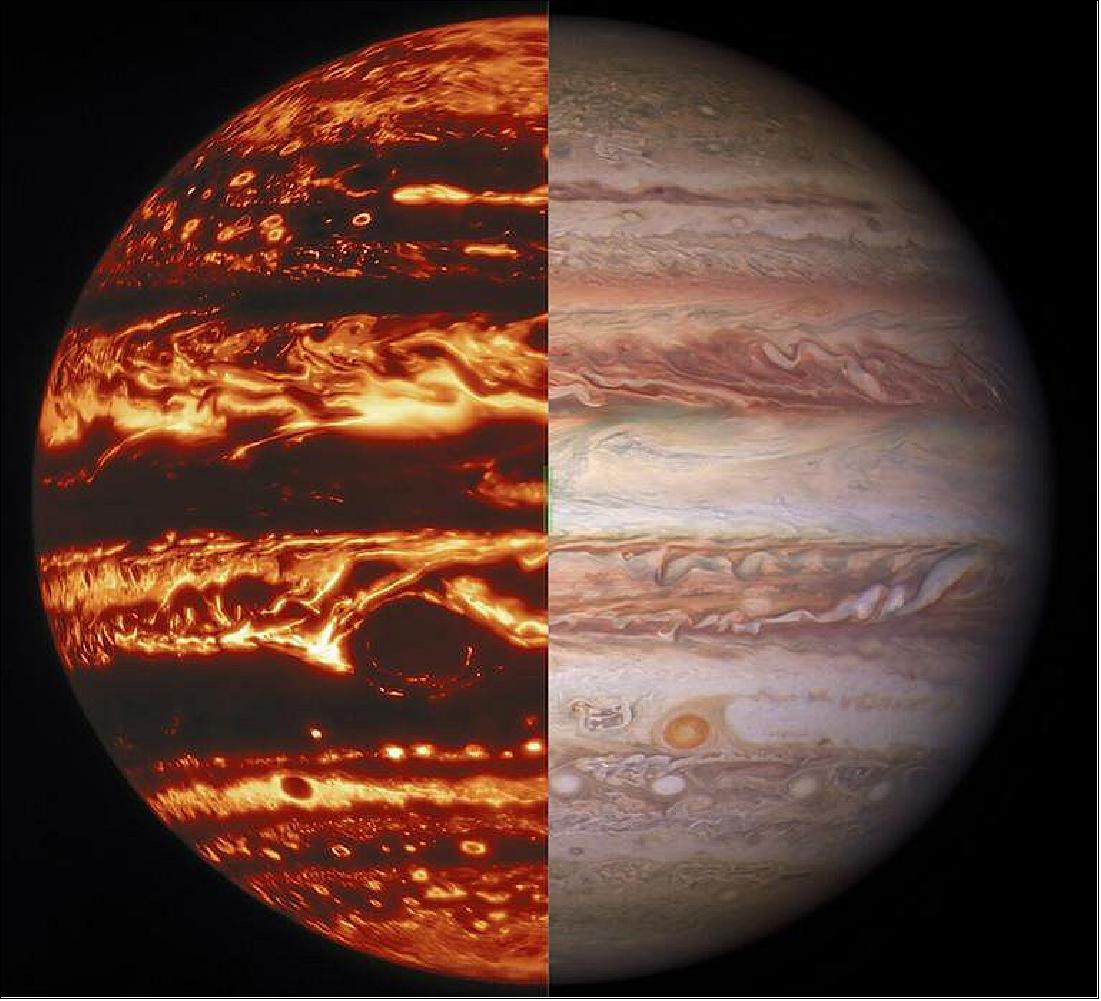 Figure 8: Jupiter's banded appearance is created by the cloud-forming "weather layer." In this composite image, the image on the left shows Jupiter's thermal energy being emitted in infrared light, with dark cloudy bands appearing as silhouettes against Jupiter's thermal glow. The image on the right shows Jupiter's appearance in visible light, with white cloudy "zones" and the relatively cloud-free "belts" appearing as red-brown colors. The composite was created using infrared data collected by the Gemini North telescope (left) and a visible-light image taken by NASA's Hubble Space Telescope. Both images were created from data captured on Jan. 11, 2017 (image credit: International Gemini Observatory/NOIRLab/NSF/AURA/NASA/ESA, M.H. Wong and I. de Pater (UC Berkeley) et al.)