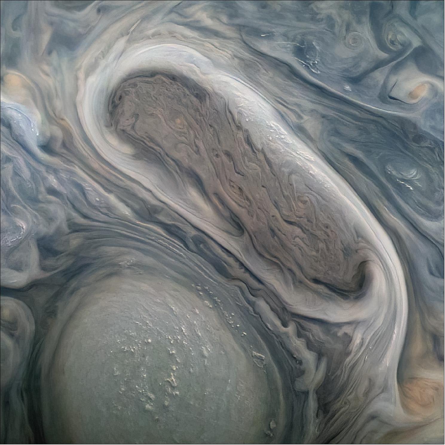 Figure 5: This JunoCam image shows two of Jupiter's large rotating storms, captured on Juno's 38th perijove pass, on Nov. 29, 2021 (image credit: NASA/JPL-Caltech/SwRI/MSSS Image processing: Kevin M. Gill CC BY)