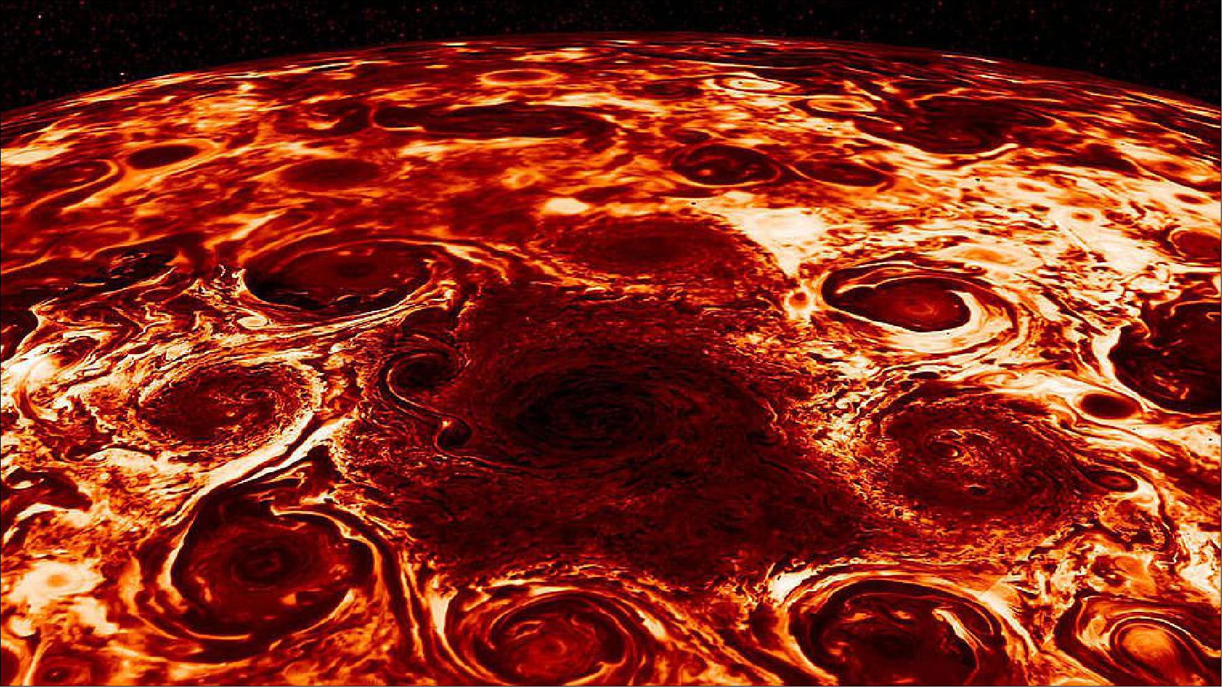 Figure 43: This composite image, derived from data collected by the Jovian Infrared Auroral Mapper (JIRAM) instrument aboard NASA's Juno mission to Jupiter, shows the central cyclone at the planet's north pole and the eight cyclones that encircle it (image credits: NASA/JPL-Caltech/SwRI/ASI/INAF/JIRAM)