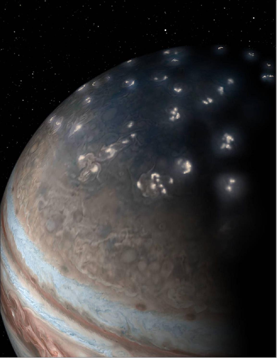 Figure 42: This artist's concept of lightning distribution in Jupiter's northern hemisphere incorporates a JunoCam image with artistic embellishments. Data from NASA's Juno mission indicates that most of the lightning activity on Jupiter is near its poles (image credits: NASA/JPL-Caltech/SwRI/JunoCam)