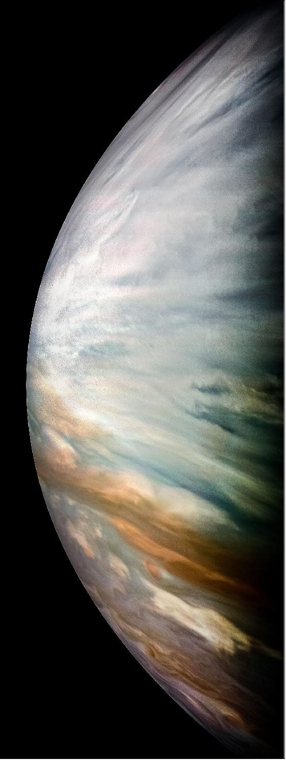 Figure 34: Thick white clouds are present in this JunoCam image of Jupiter's equatorial zone. At microwave frequencies, these clouds are transparent, allowing Juno's Microwave Radiometer to measure water deep into Jupiter's atmosphere. The image was acquired during Juno's flyby on Dec. 16, 2017( image credits: NASA/JPL-Caltech/SwRI/MSSS/Kevin M. Gill)