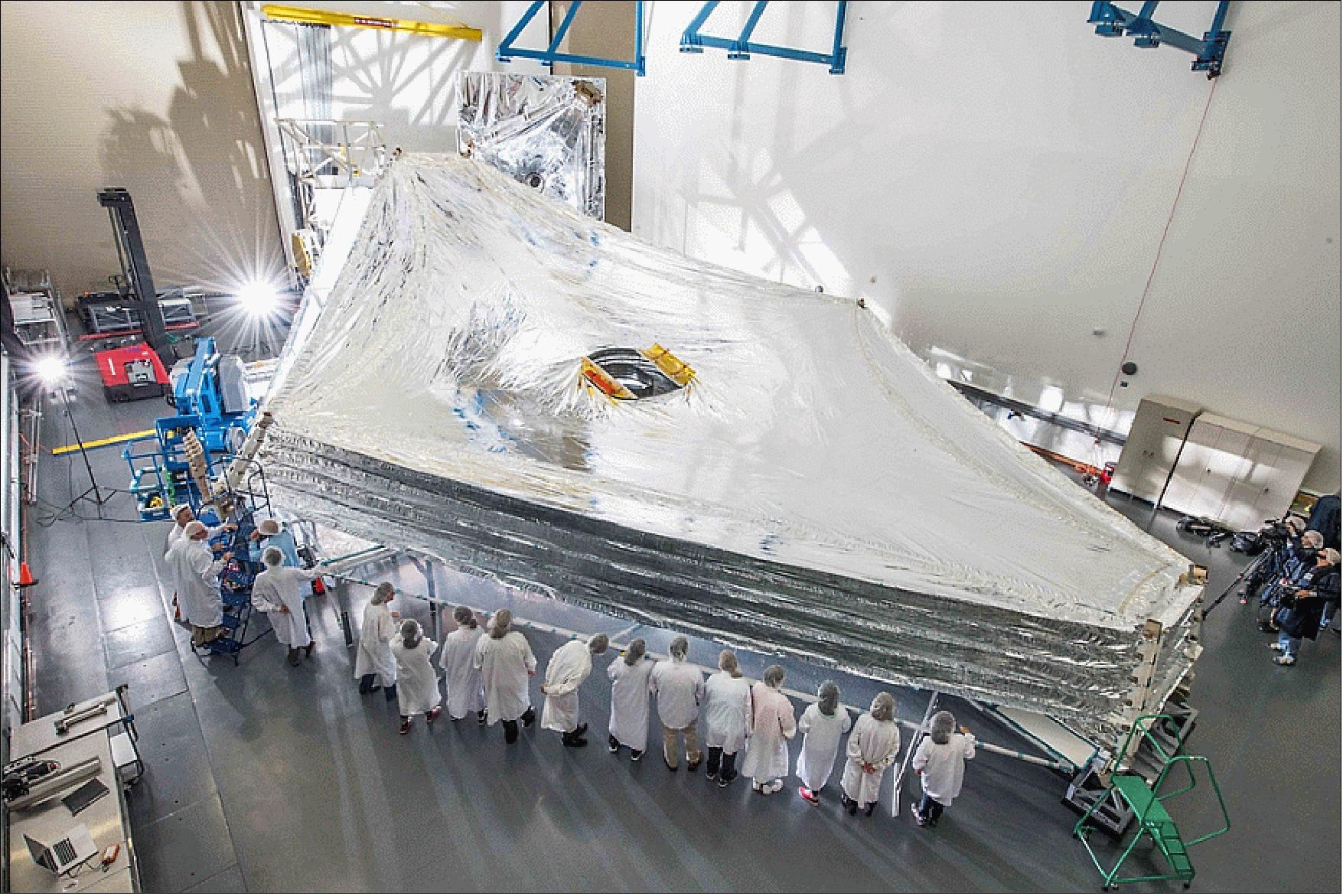 Figure 71: Photo of the fully deployed sunshield in the Northrop Grumman cleanroom (image credit: NASA, Chris Gunn)