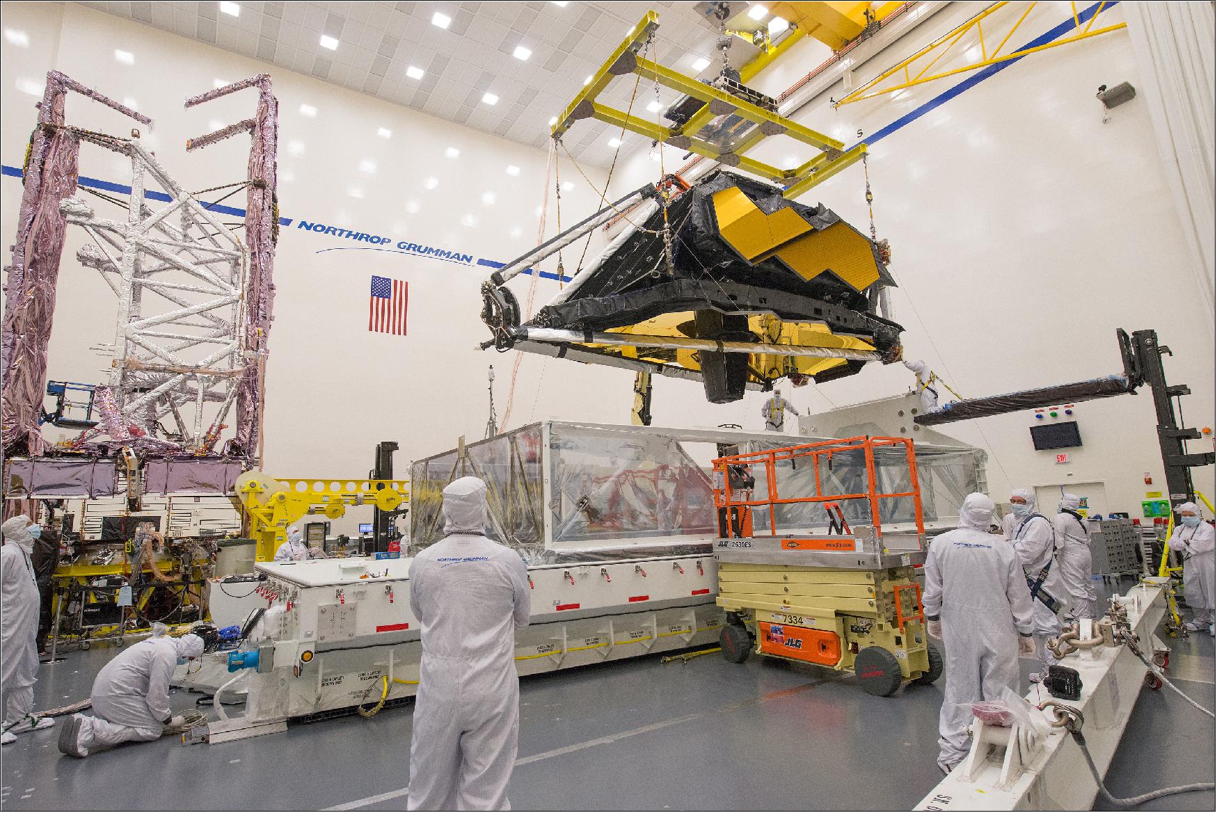 Figure 41: With all flight components under one roof, technicians and engineers work to prepare the two halves of the James Webb Space Telescope for continued testing and eventual assembly in 2019 (image credit: Northrop Grumman)