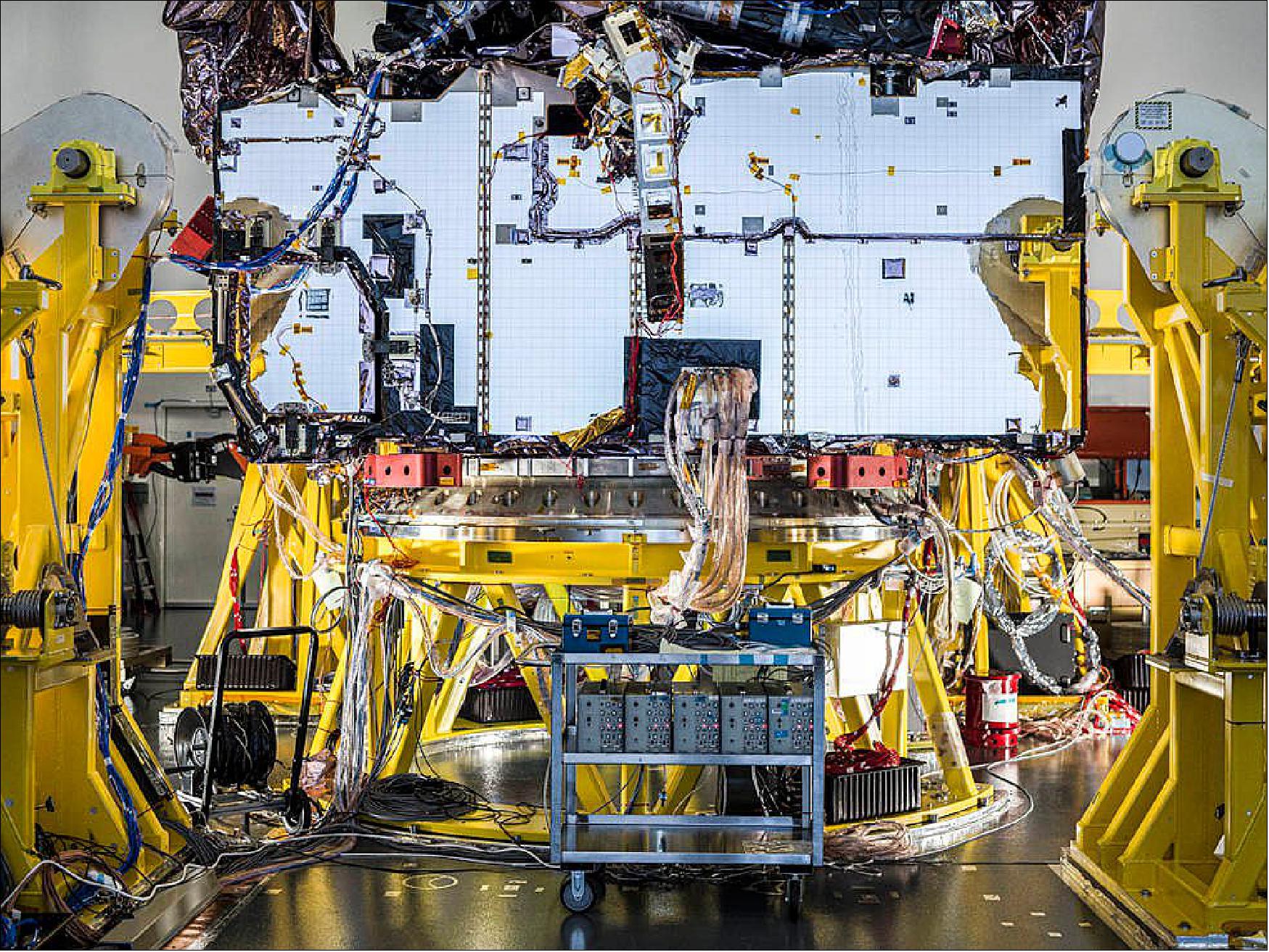 Figure 26: During its final full systems test, technicians powered on all of the James Webb Space Telescope's various electrical components installed on the observatory, and cycled through their planned operations to ensure each was functioning, and communicating with each other. — Following the conclusion of the James Webb Space Telescope's recent milestone tests, engineering teams have confirmed that the observatory will both mechanically, and electronically survive the rigors anticipated during launch (image credit: NASA/Chris Gunn)