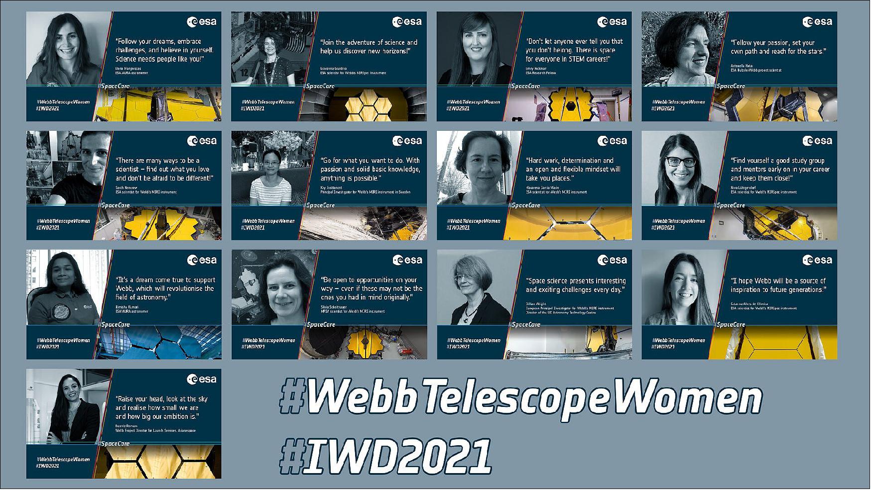 Figure 25: #WebbTelescopeWomen. On International Women's Day, ESA joins in to honor women's achievements in making the James Webb Space Telescope (Webb) a reality (image credit: ESA; NASA; Northrop Grumman; portraits supplied by contributors)