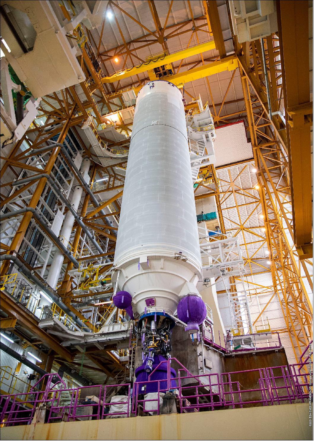 Figure 7: Ariane 5 parts are coming together in the launch vehicle integration building for the launch of Webb from Europe's Spaceport in French Guiana (image credit: ESA/CNES/Arianespace)