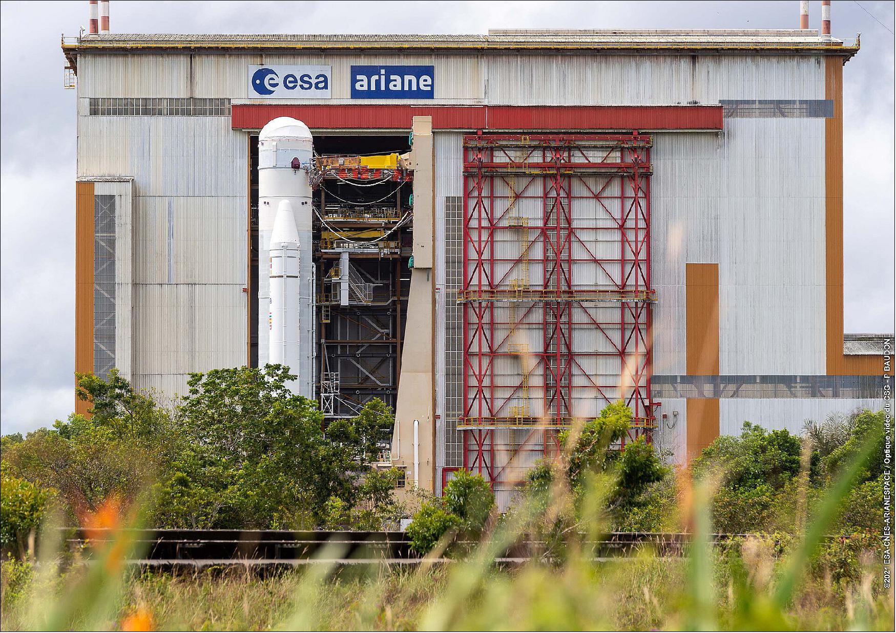 Figure 4: The Ariane 5 launch vehicle was moved to the final assembly building at Europe's Spaceport in French Guiana on 29 November 2021 (image credit: ESA/CNES/Arianespace)