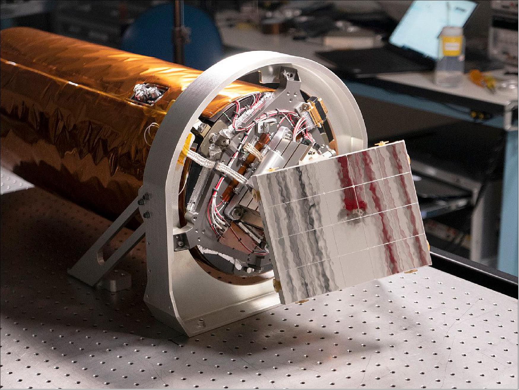Figure 11: Close up view of the focal plane electronics and radiator (checkered mirror) that will keep the detector cool while in lunar orbit (image credit: ASU)