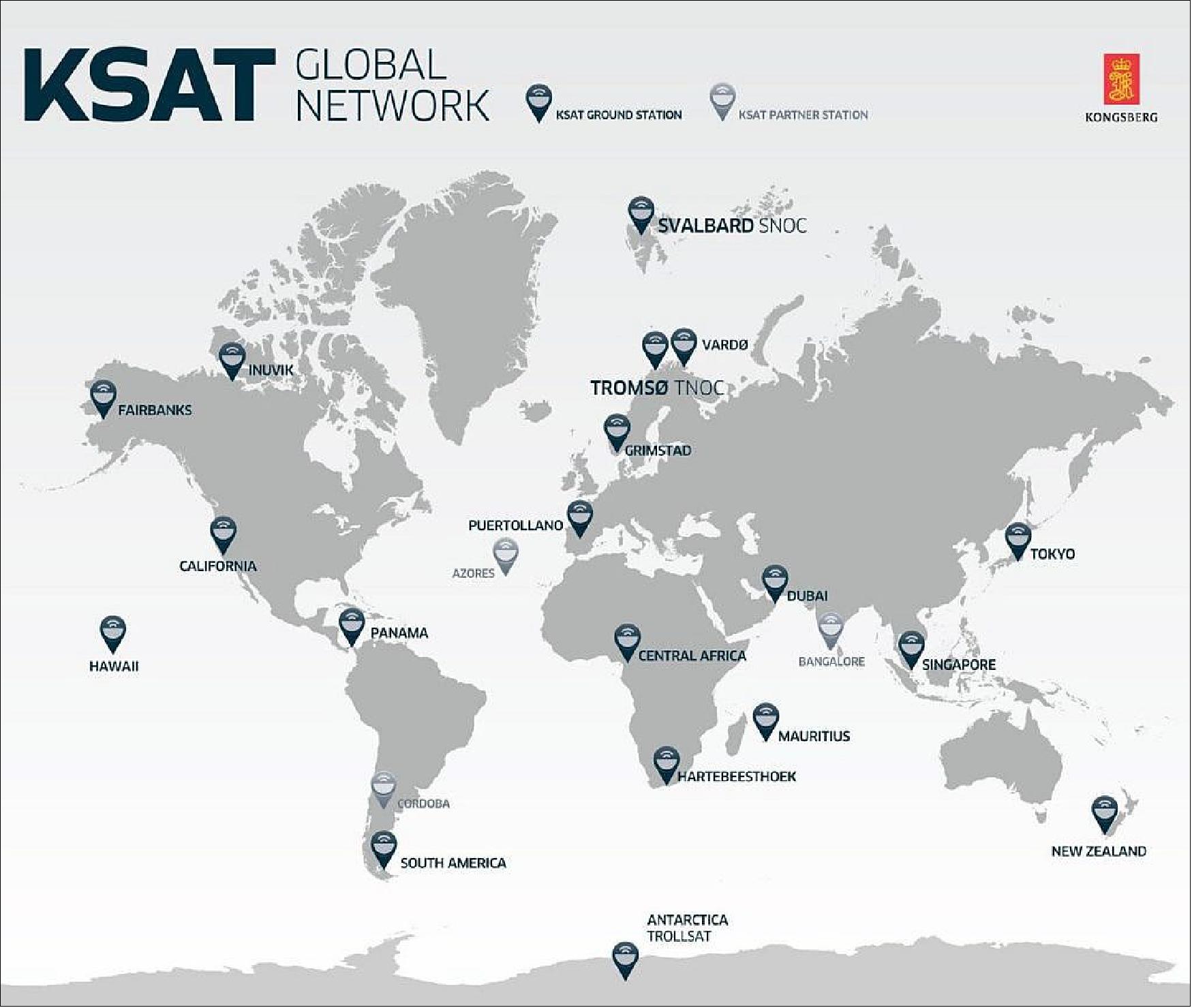 Figure 13: The KSAT global ground network with 20 stations in 2016 (image credit: KSAT)