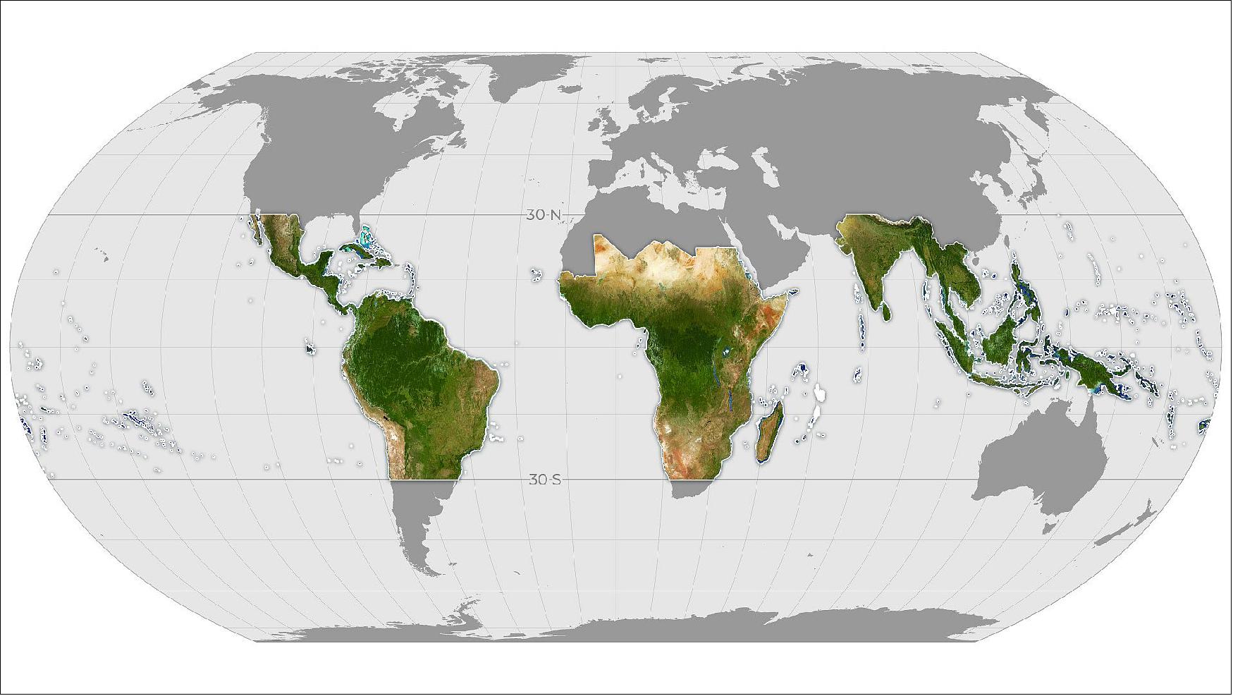 Figure 10: Global map showing the extent of monthly Planet Basemaps to be provided through the partnership for tropical forest monitoring 2020 (image credit: Planet Labs Inc.)