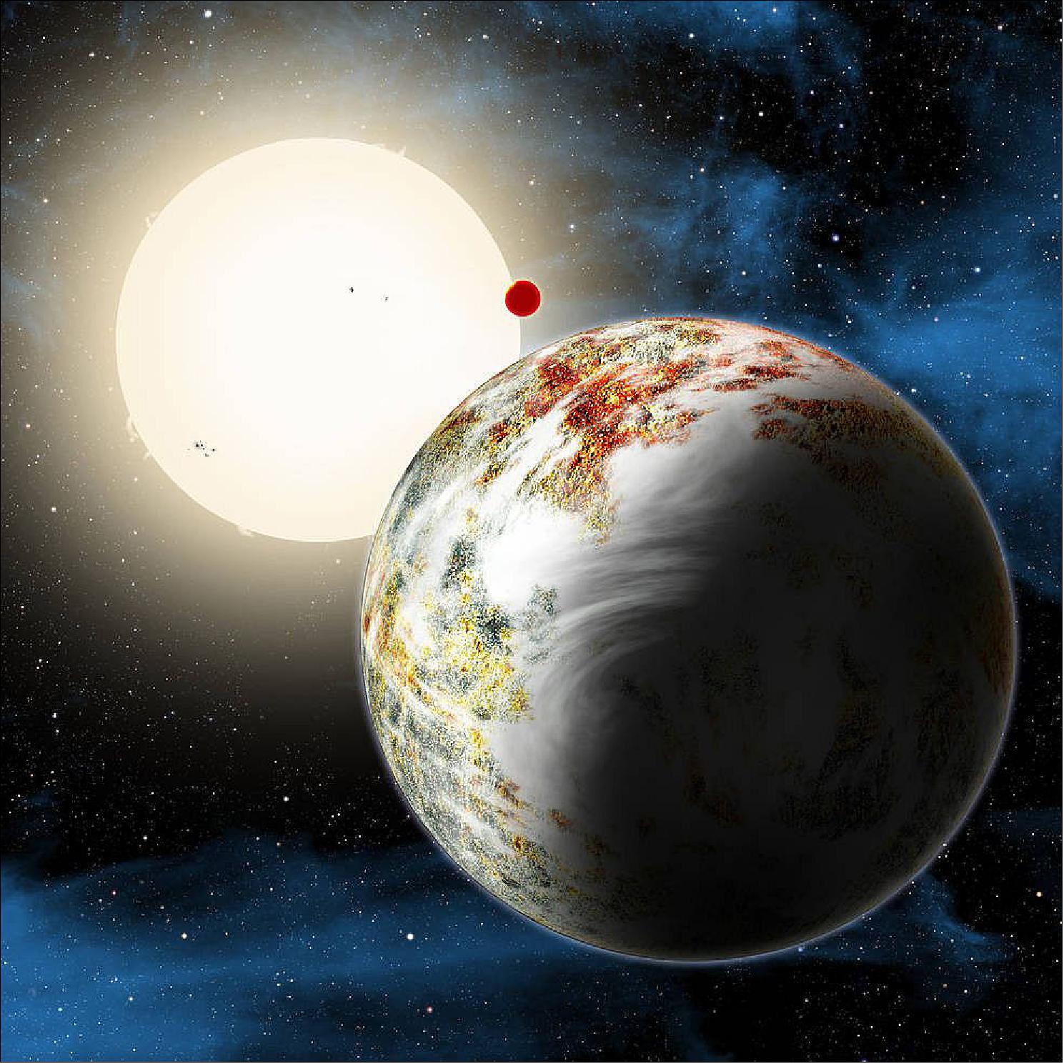 Figure 60: An artist's concept shows the Kepler-10 system, home to two rocky planets. In the foreground is Kepler-10c, a planet that weighs 17 times as much as Earth and is more than twice as large in size. This discovery has planet formation theorists challenged to explain how such a world could have formed (image credit: Harvard-Smithsonian Center for Astrophysics/David Aguilar)