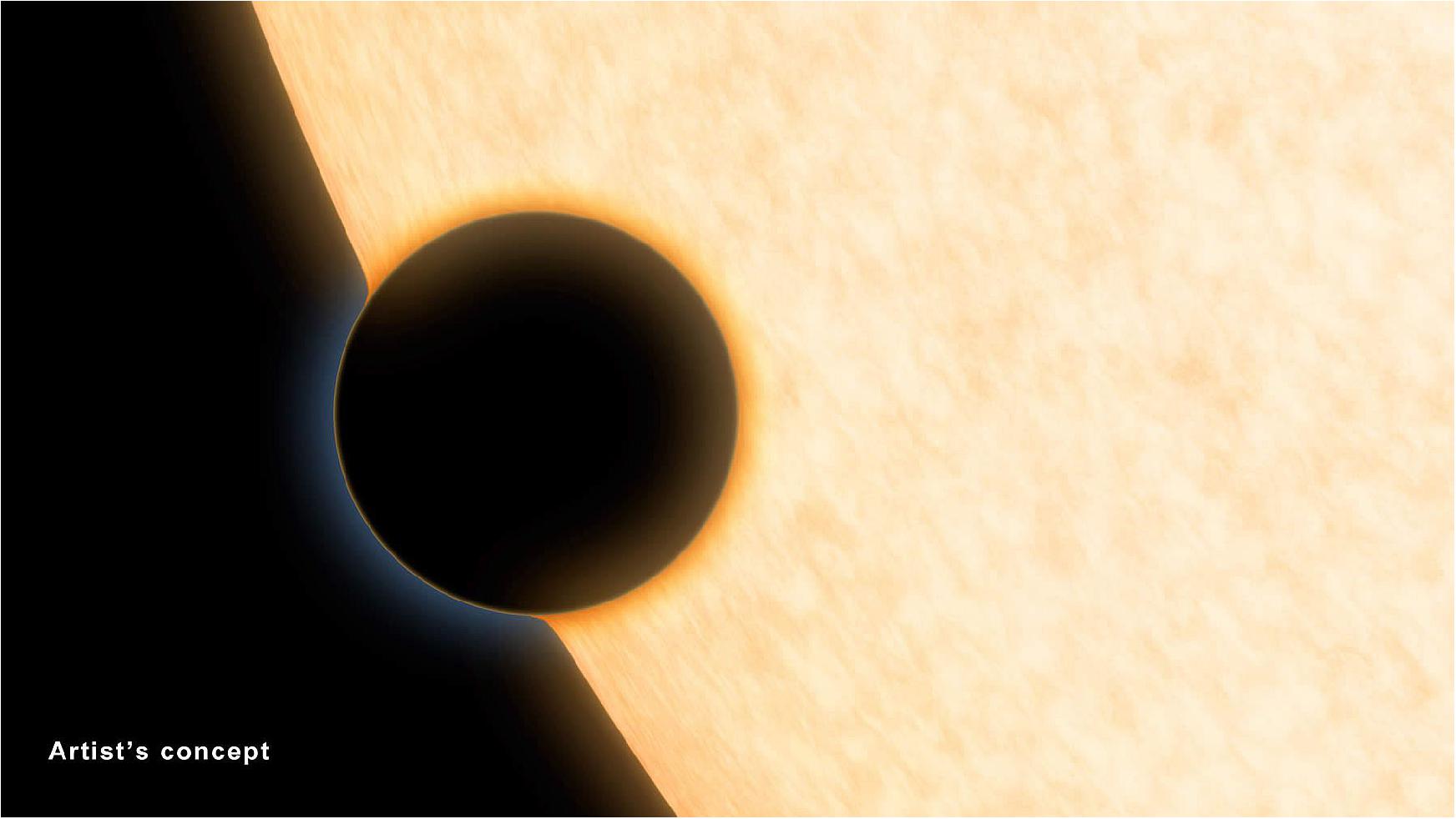 Figure 54: Seeing starlight through a planet's rim: A Neptune-size planet with a clear atmosphere is shown crossing in front of its star in this artist's depiction. Such crossings, or transits, are observed by telescopes like NASA's Hubble and Spitzer to glean information about planets' atmospheres. As starlight passes through a planet's atmosphere, atoms and molecules absorb light at certain wavelengths, blocking it from the telescope's view. The more light a planet blocks, the larger the planet appears. By analyzing the amount of light blocked by the planet at different wavelengths, researchers can determine which molecules make up the atmosphere (image credit: NASA/JPL-Caltech)