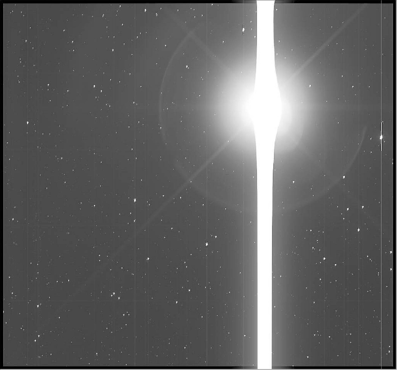 Figure 33: This Kepler image of Earth was recently beamed back home. Captured on Dec. 10, 2017 after the spacecraft adjusted its telescope to a new field of view, Earth’s reflection as it slipped past was so extraordinarily bright that it created a saber-like saturation bleed across the instrument’s sensors, obscuring the neighboring Moon (image credit: NASA)