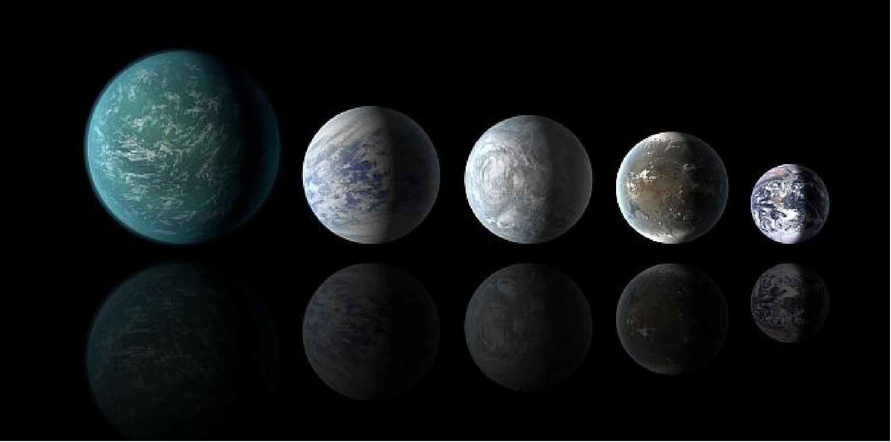 Figure 66: Relative sizes of all of the habitable-zone planets discovered to date alongside Earth. Left to right: Kepler-22b, Kepler-69c, Kepler-62e, Kepler-62f and Earth (except for Earth, these are artists' renditions), image credit: NASA Ames/JPL-Caltech