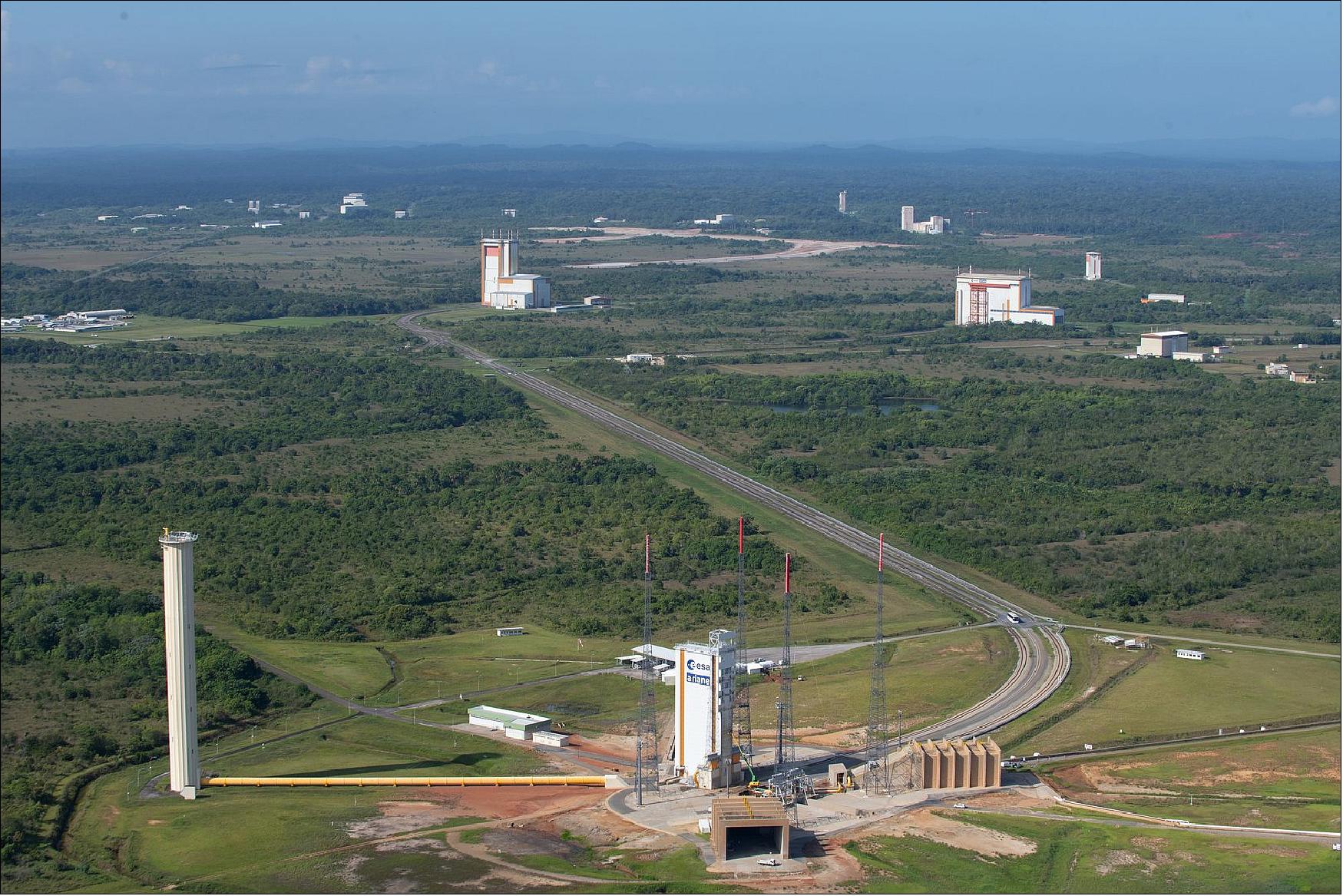 Figure 6: Europe's Spaceport in Kourou, French Guiana. The Ariane 5 launch pad in shown in the center foreground of the picture. Behind this, to the left is the Final Assembly Building where the launcher and it's payload are integrated and prepared for launch. Next to this on the right is the Launcher Integration Building. In the distance behind the Launcher Integration Building is the Booster Integration Building and the test stand for ground static test firing of solid rocket motors (image credit: ESA, S. Corvaja)