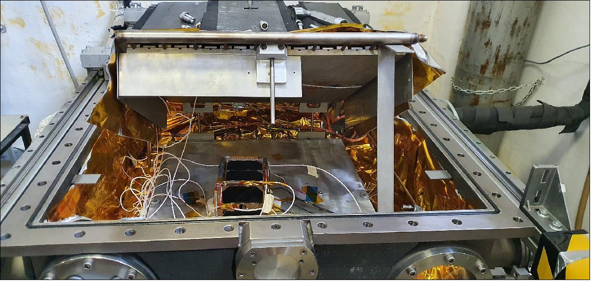 Figure 2: LEDSAT inside the thermal vacuum chamber with thermal sensors attached (image credit: LEDSAT team)